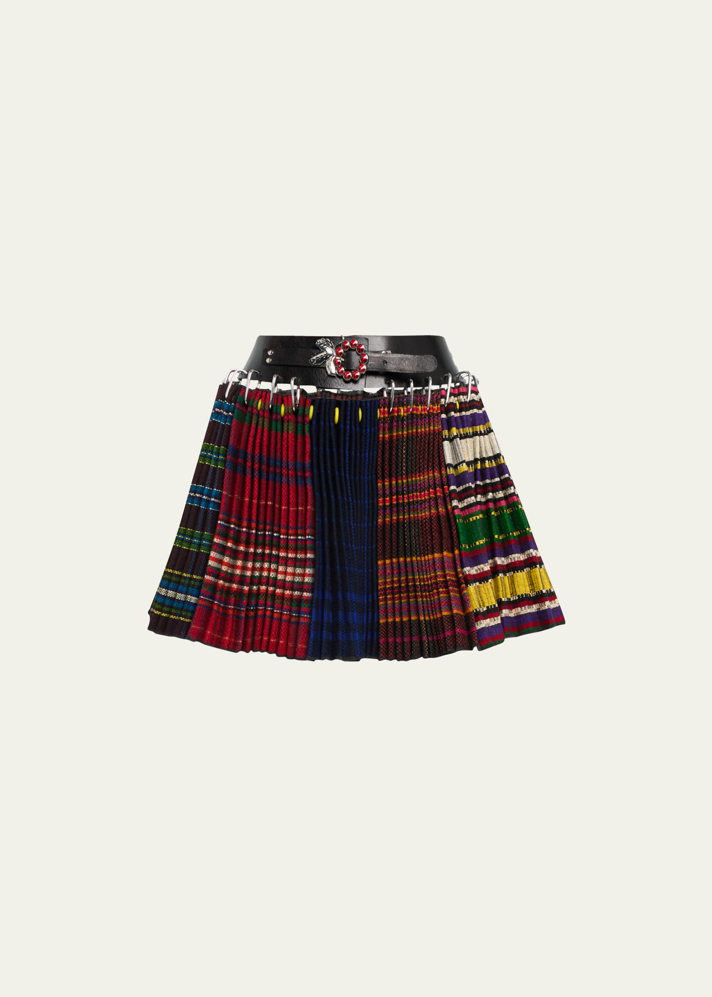 Carabiner Spliced Plaid-Print Belted Mini Wool Skirt