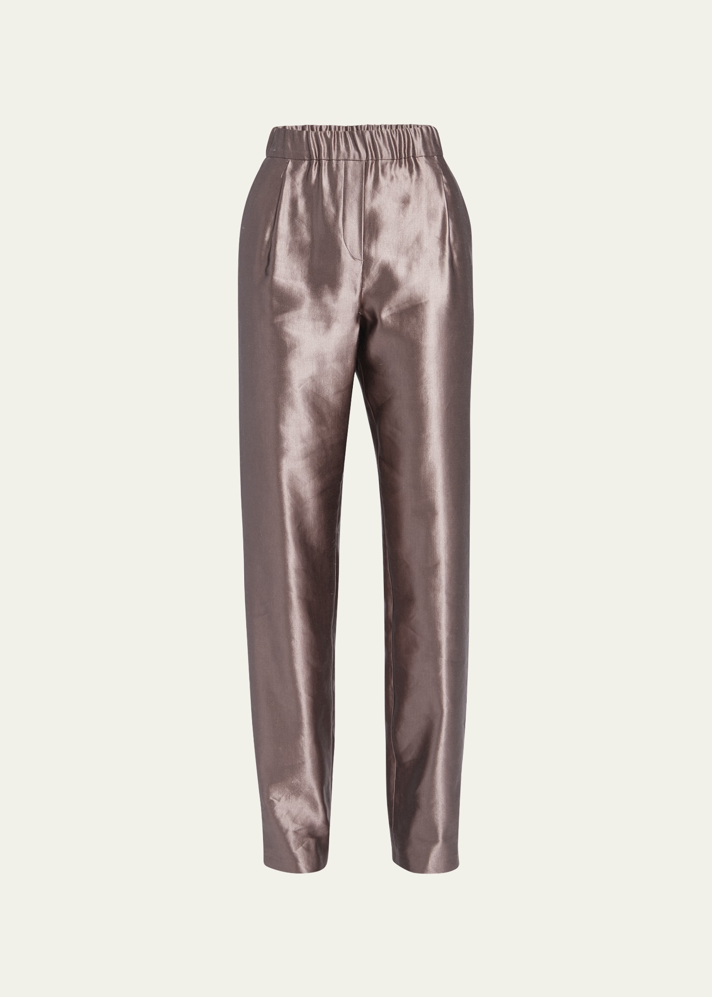 Metallic Silk Straight-Leg Pull-On Trousers