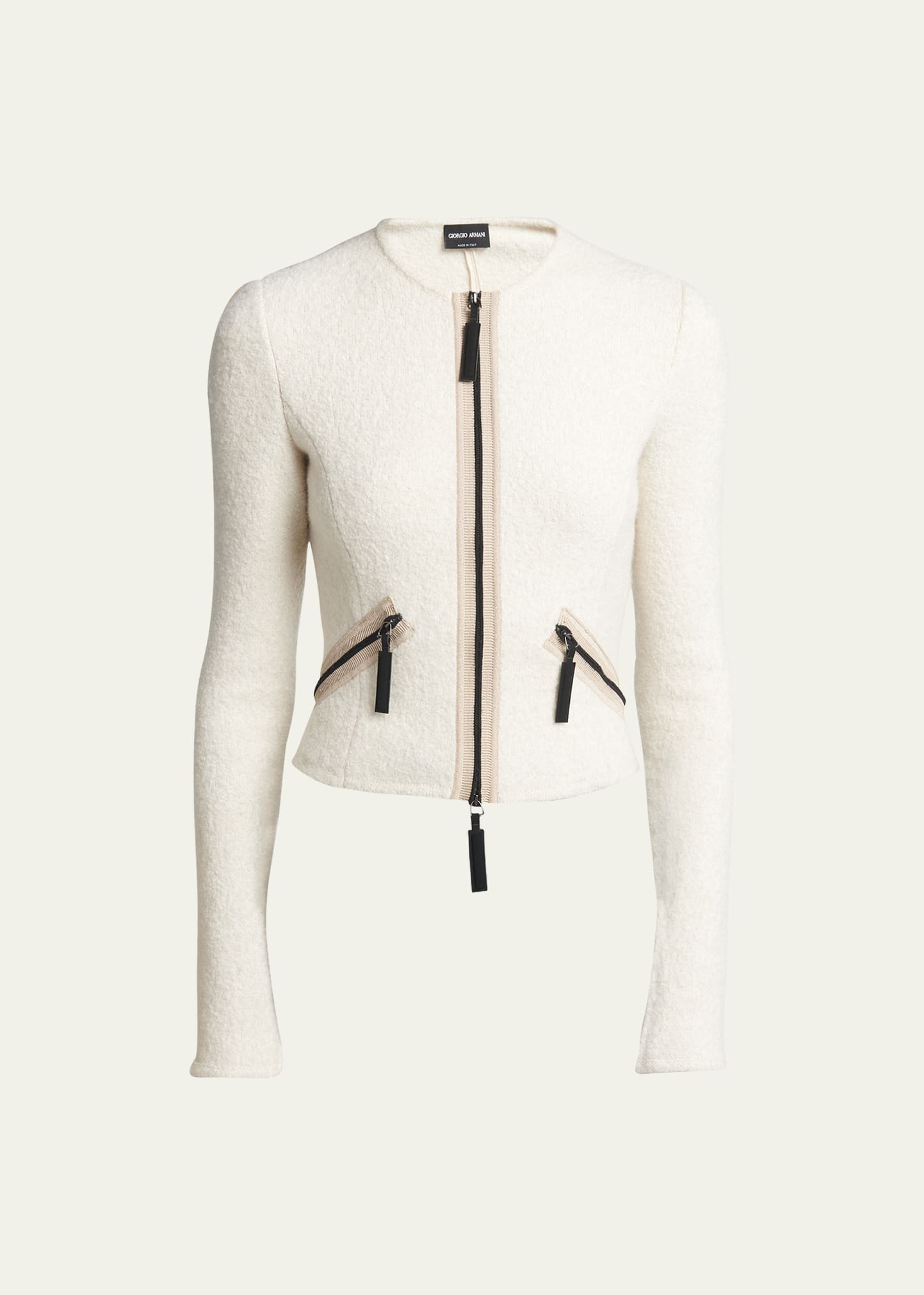 Contrast Grosgrain Zip-Front Cashmere Silk Jacket