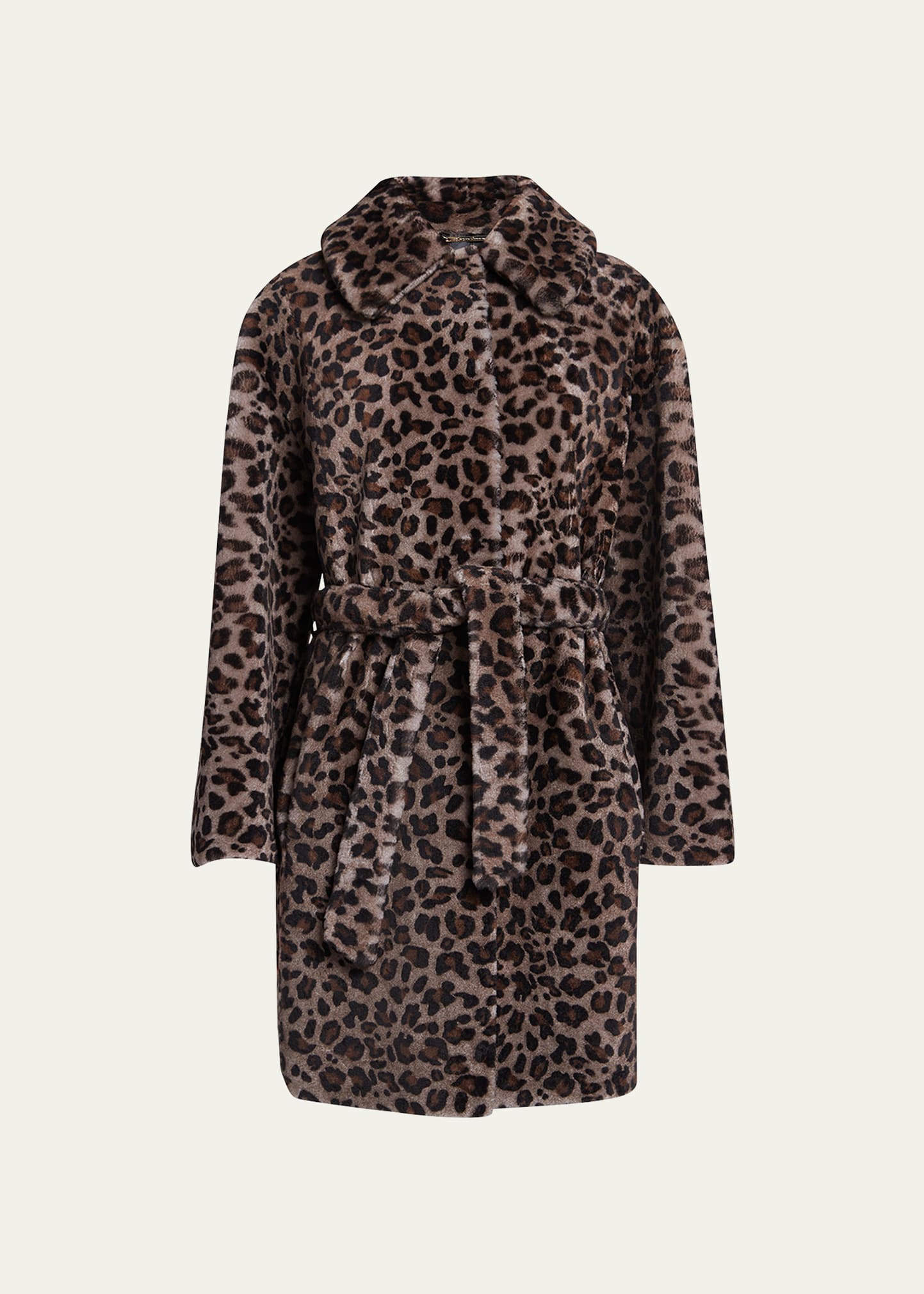 Leopard Print Shearling Belted Wrap Coat
