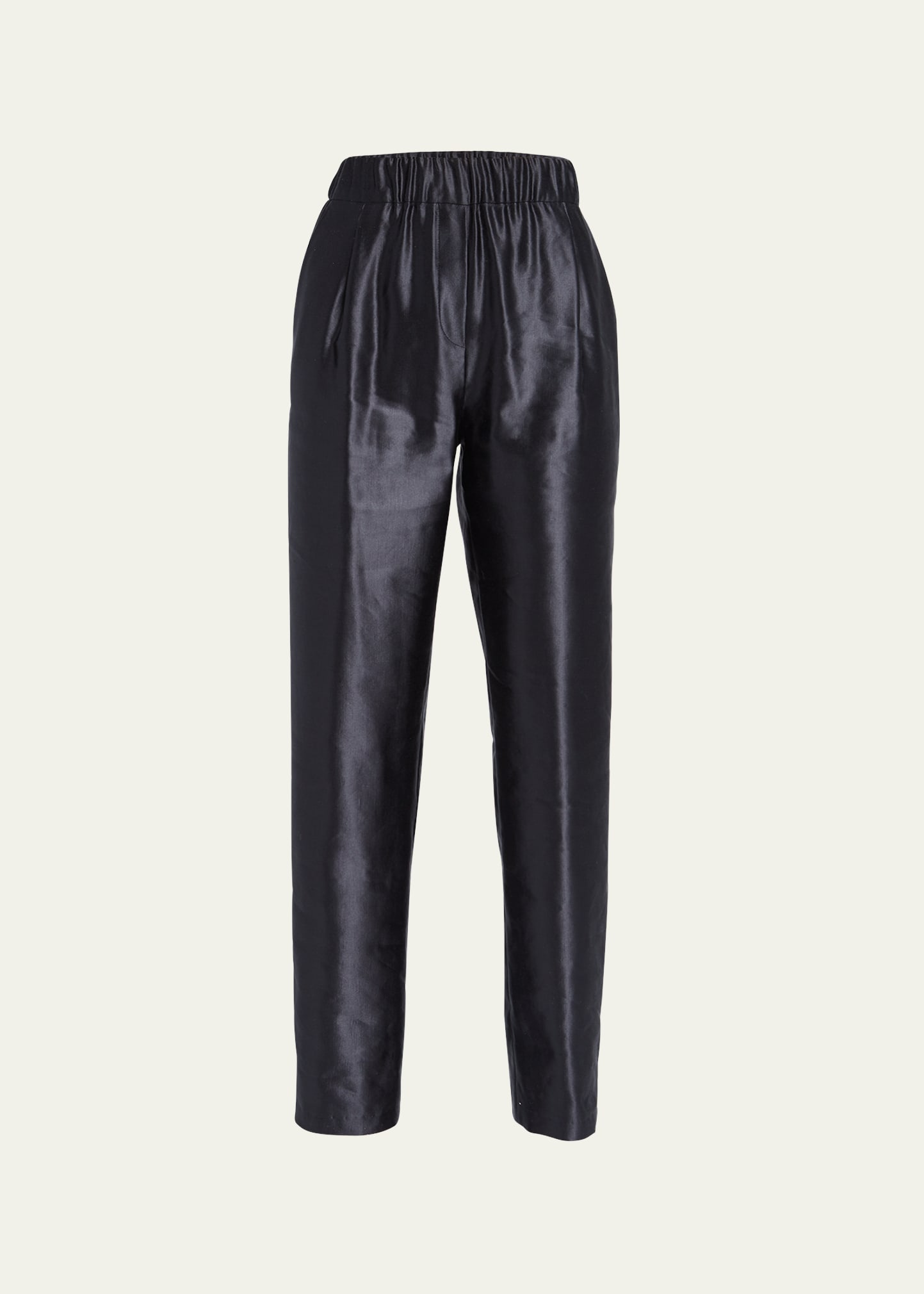 Shop Giorgio Armani Metallic Linen-silk Straight-leg Pull-on Trousers In Solid Black