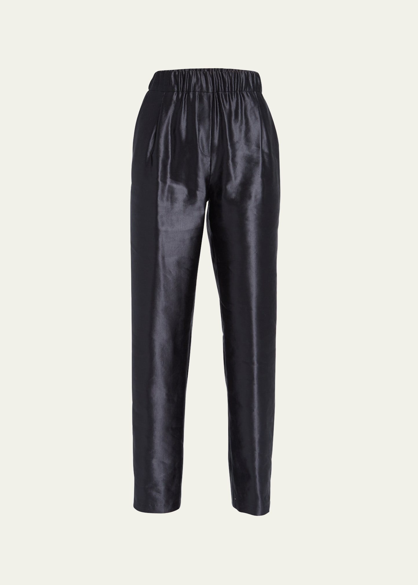 Metallic Linen-Silk Straight-Leg Pull-On Trousers