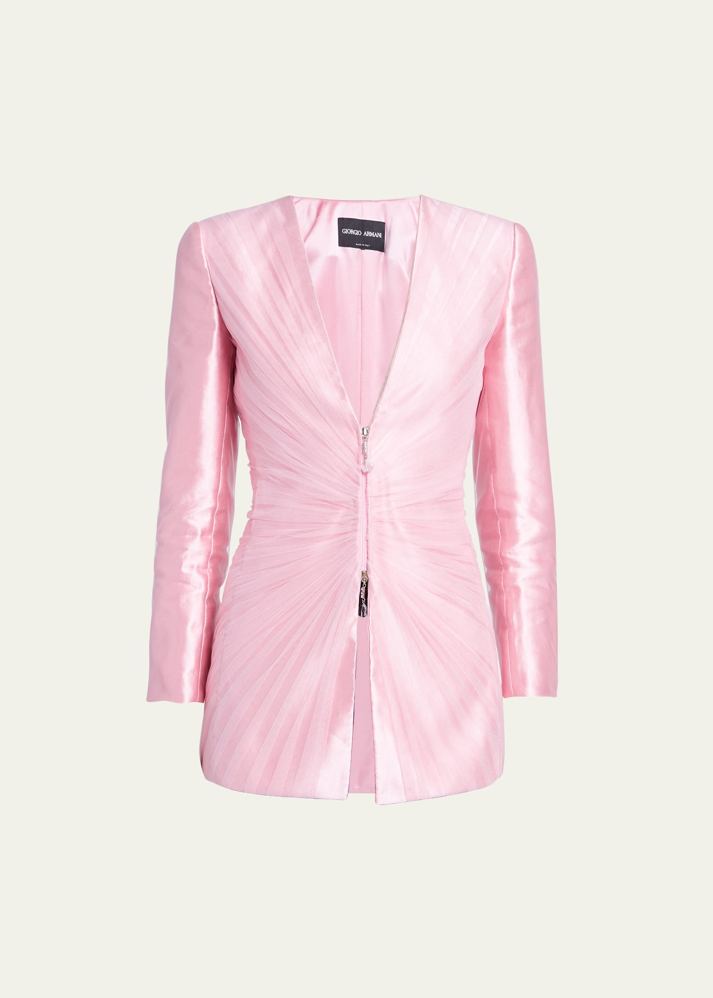 Pleated Tulle Zip-Front Silk Blazer Jacket