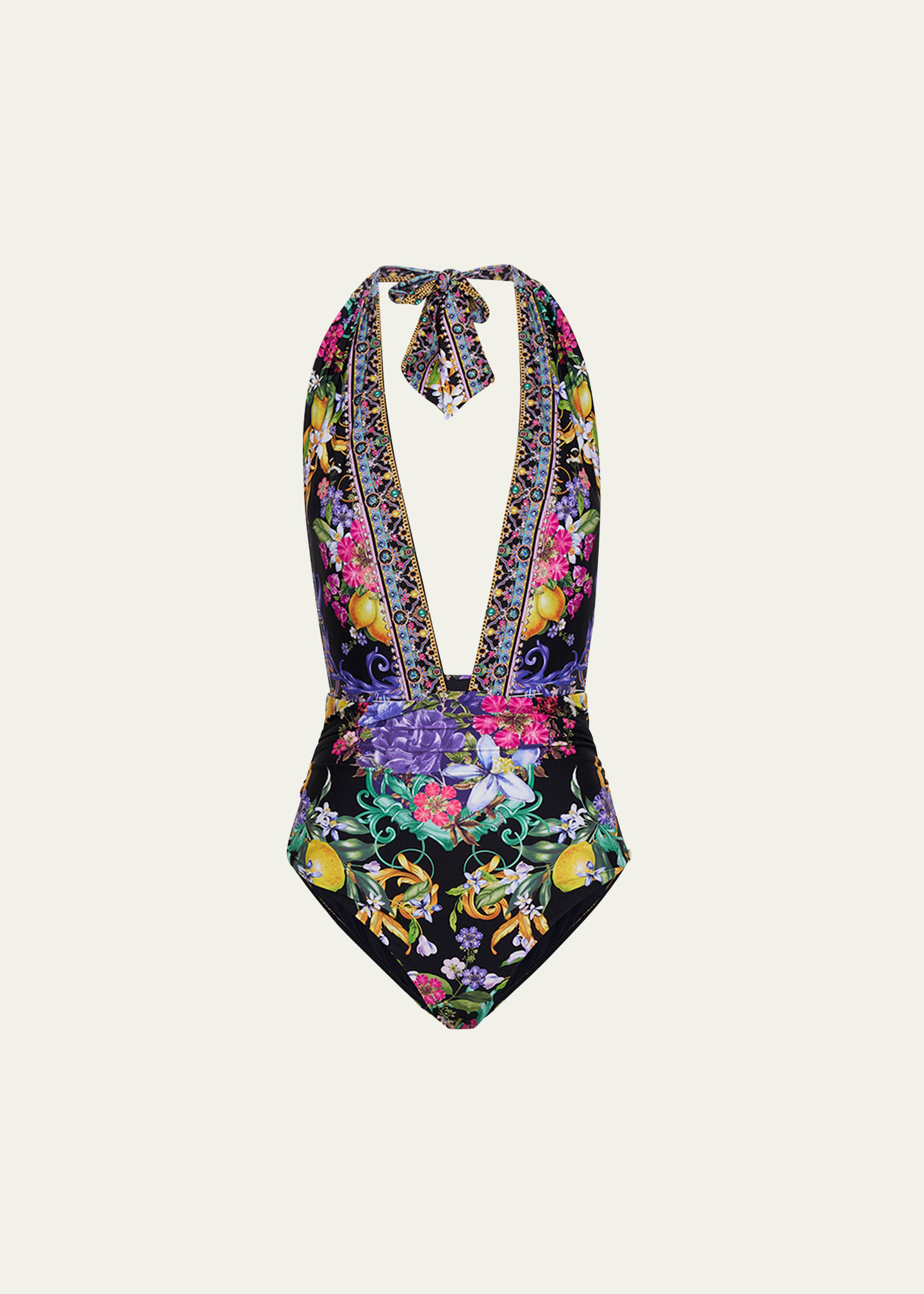 Meet Me in Marchesa Halter Plunge One-Piece Swimsuit