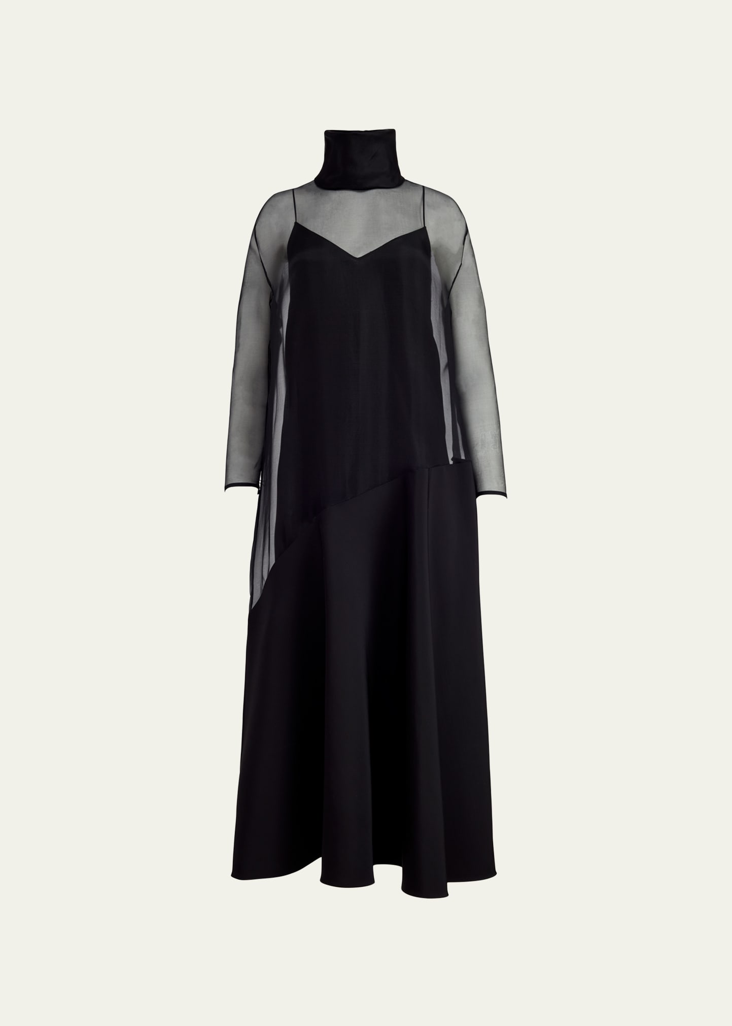 Khaite Bellamy Paneled Long-sleeve Sheer Silk Maxi Dress In Black