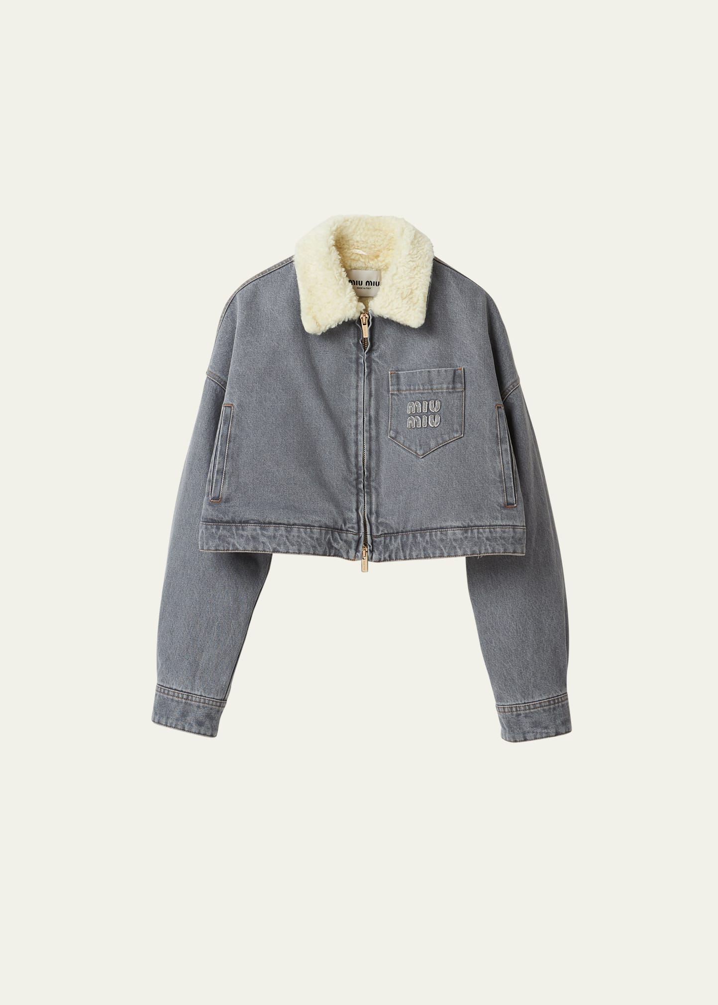 MIU MIU LOGO-EMBROIDERED DENIM OVERSIZED JACKET WITH FAUX FUR