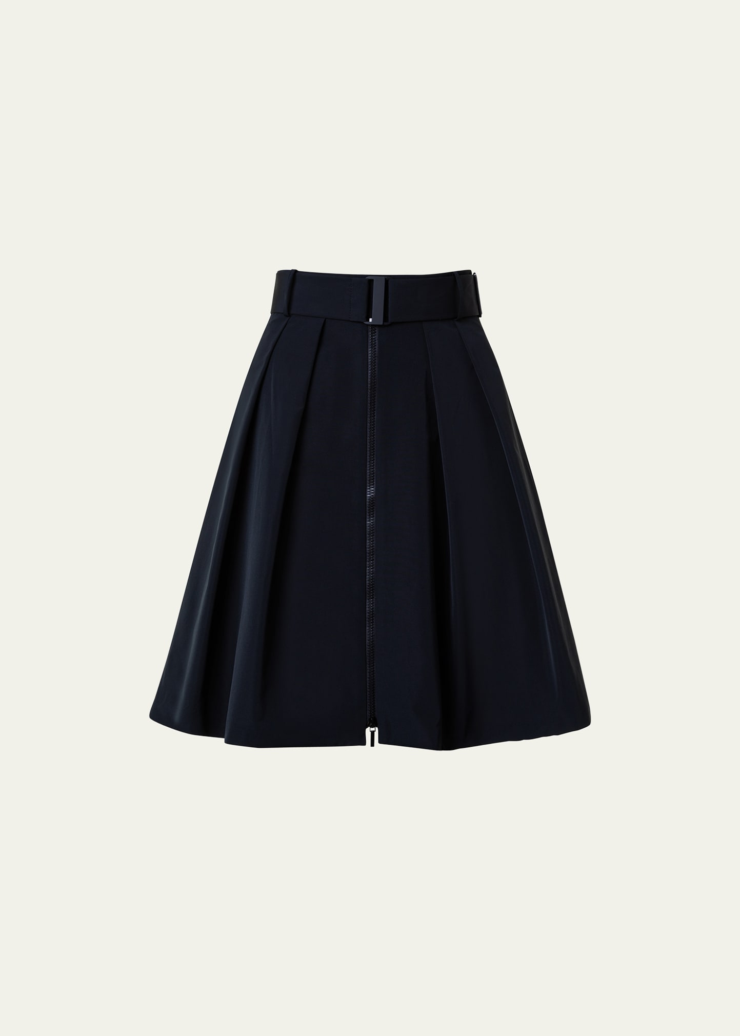 Pleated Taffeta Front-Zip Skirt With Belt