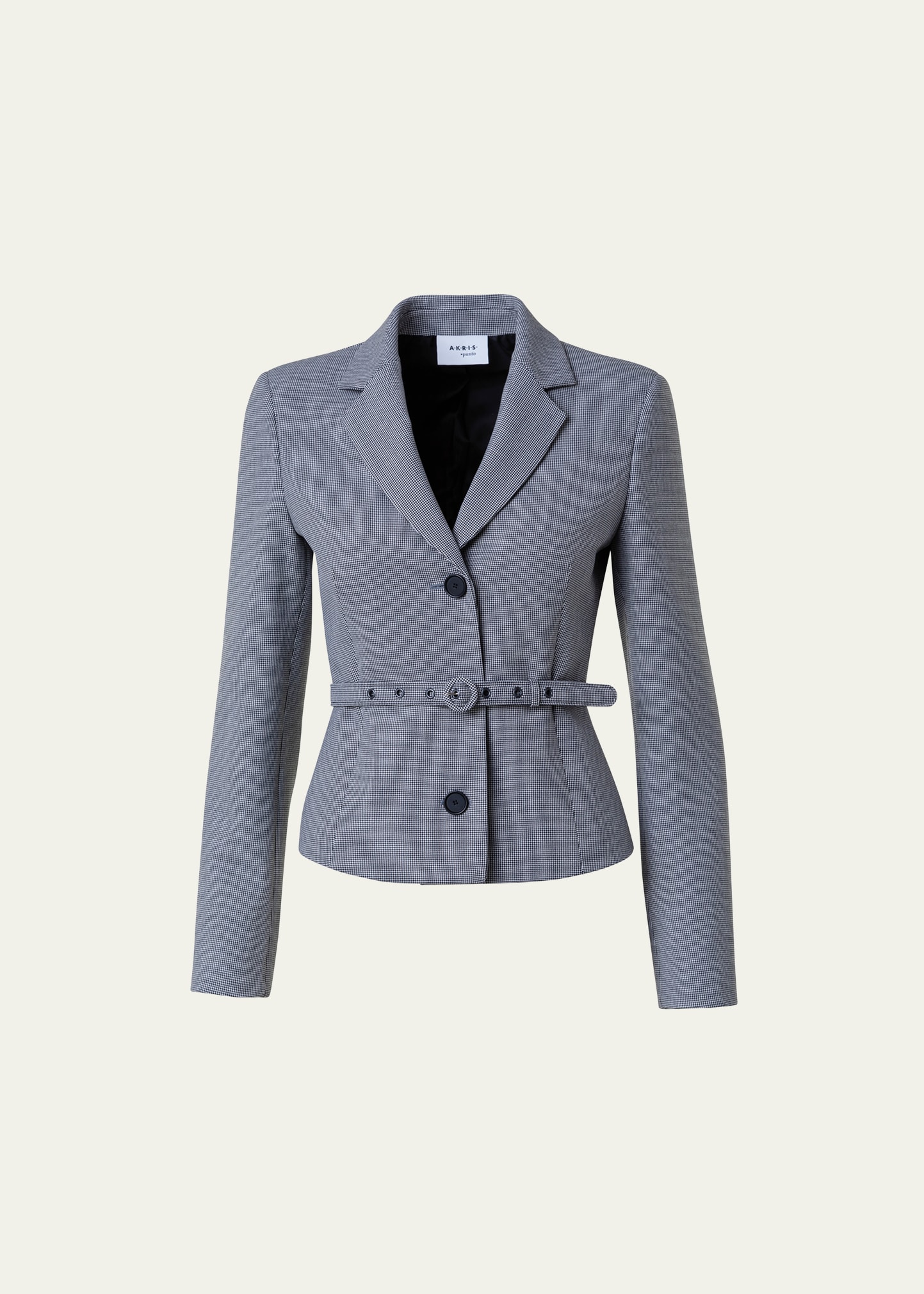 Micro Houndstooth Pebble Crepe Belted Single-Breasted Jacket