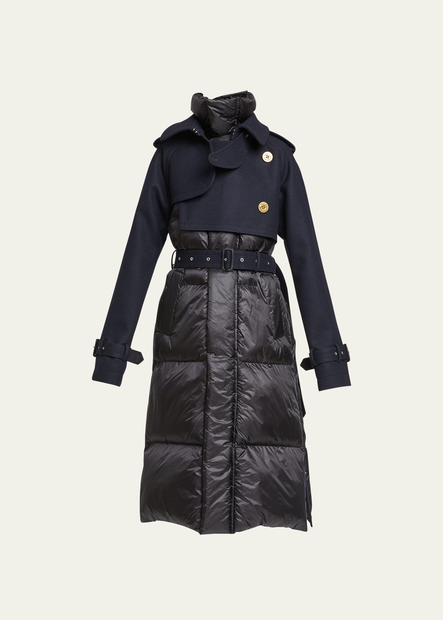 Shop Sacai Hybrid Wool Peacoat Puffer Belted Coat In Black