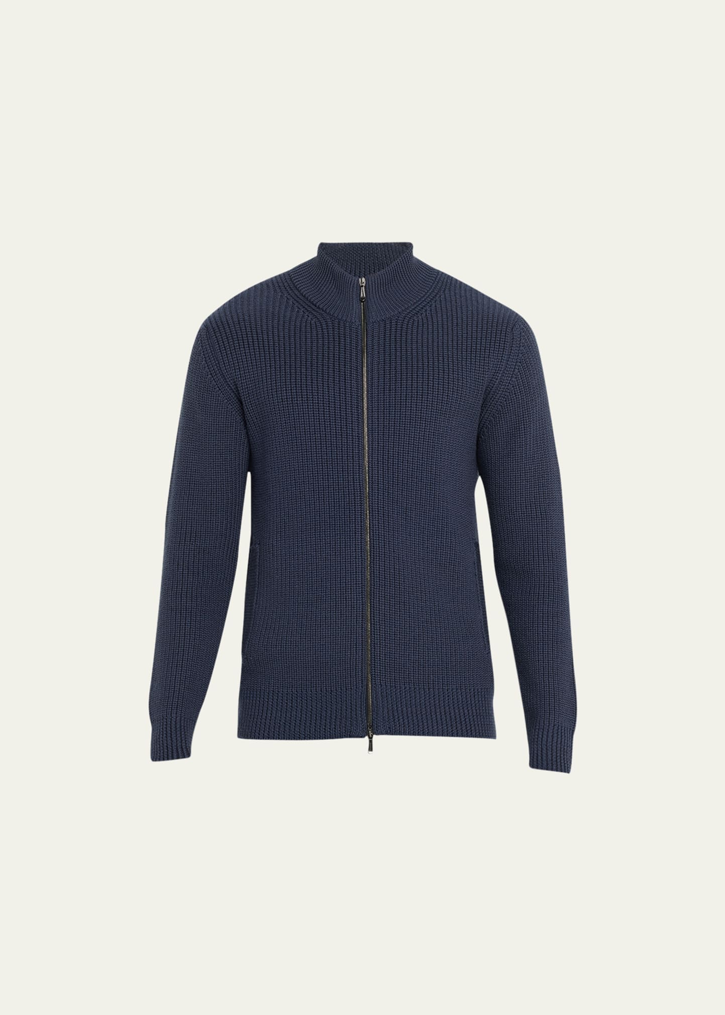 Drumohr Men's Wool English Rib Zip Sweater In Denim Blue