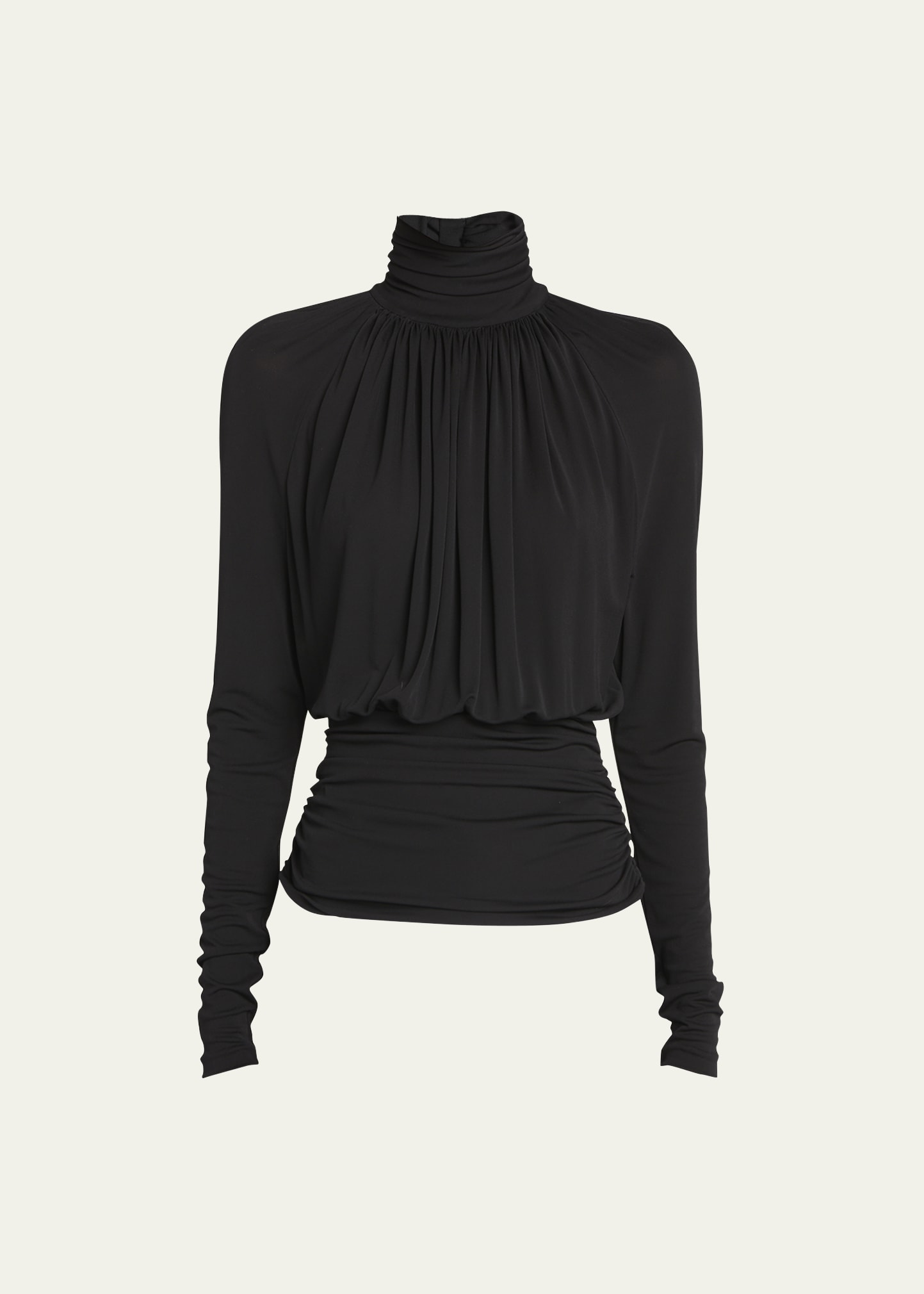Saint Laurent High-neck Gathered Jersey Blouse In Nero