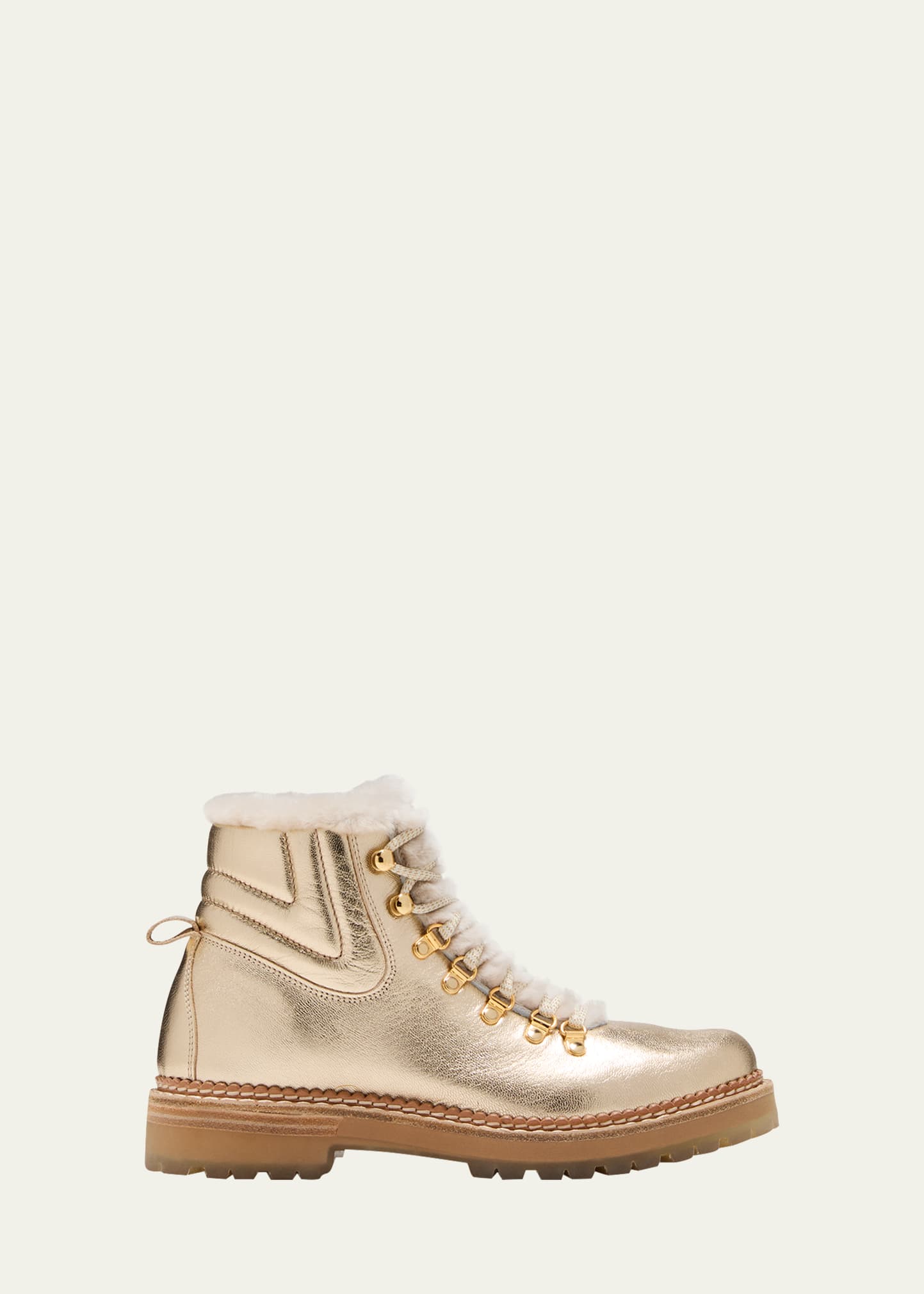 Metallic Leather Shearling-Lined Hiking Boots