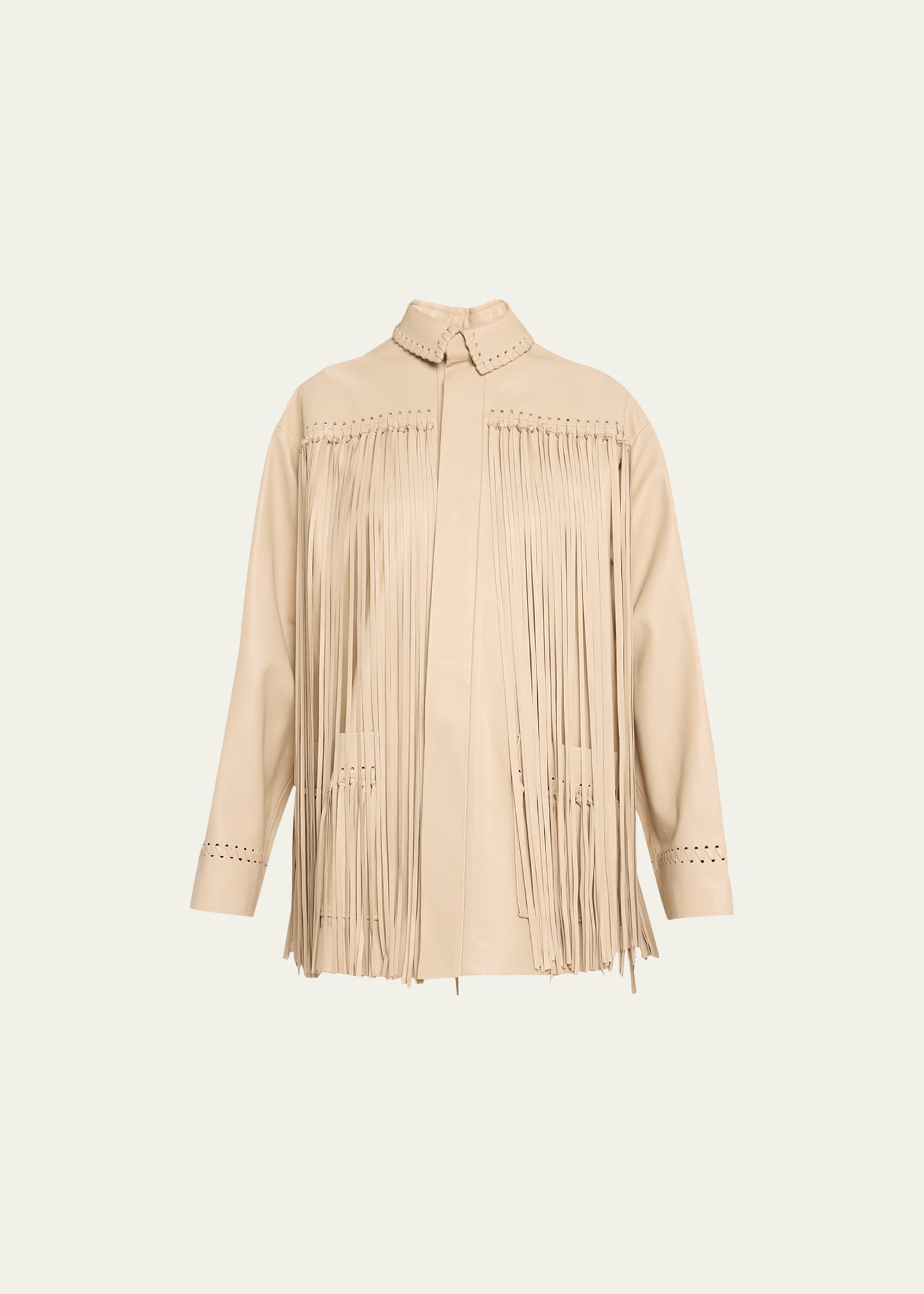 Long-Sleeve Fringe Detail Leather Jacket