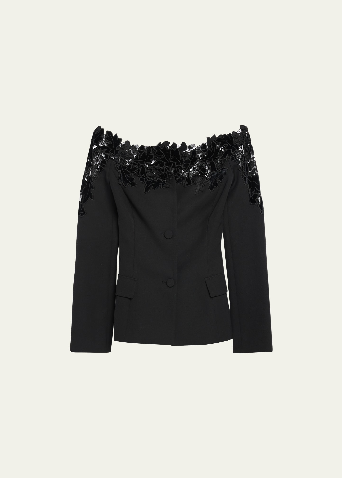 Off-Shoulder Velvet Guipure Lace Detail Jacket