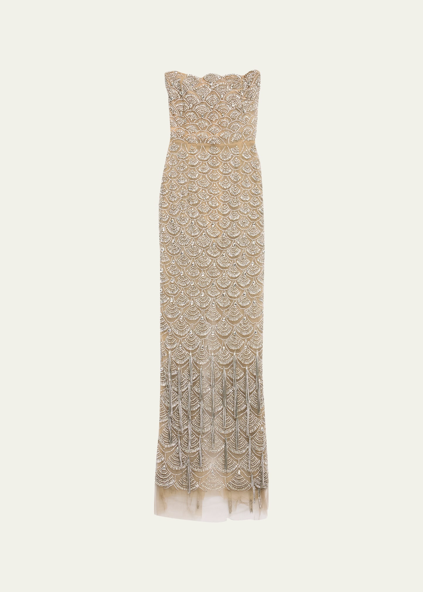 Crystal Scallop Embellished Tea-Length Gown With Fringe