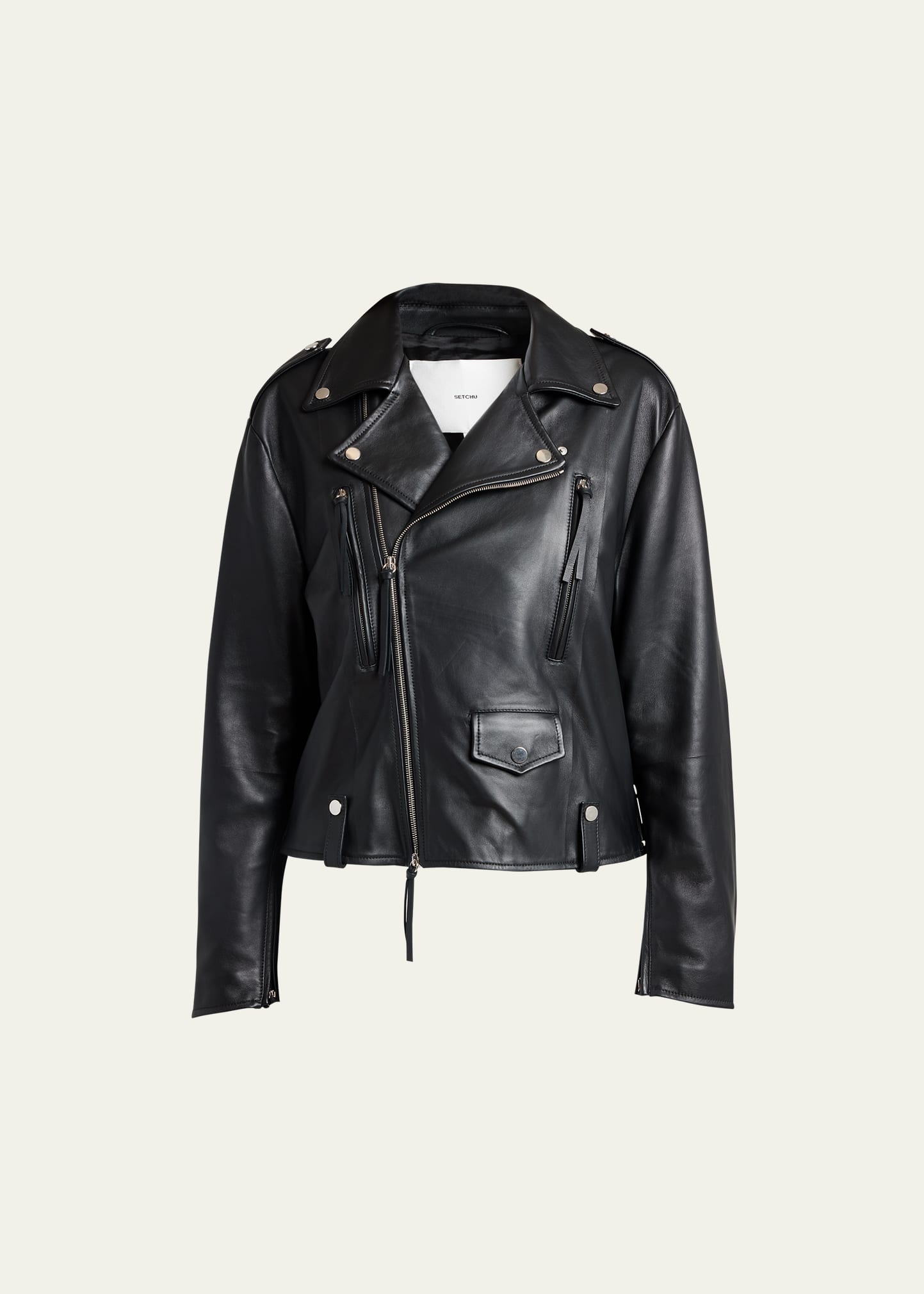 Setchu Zip-sleeve Leather Biker Jacket In Black