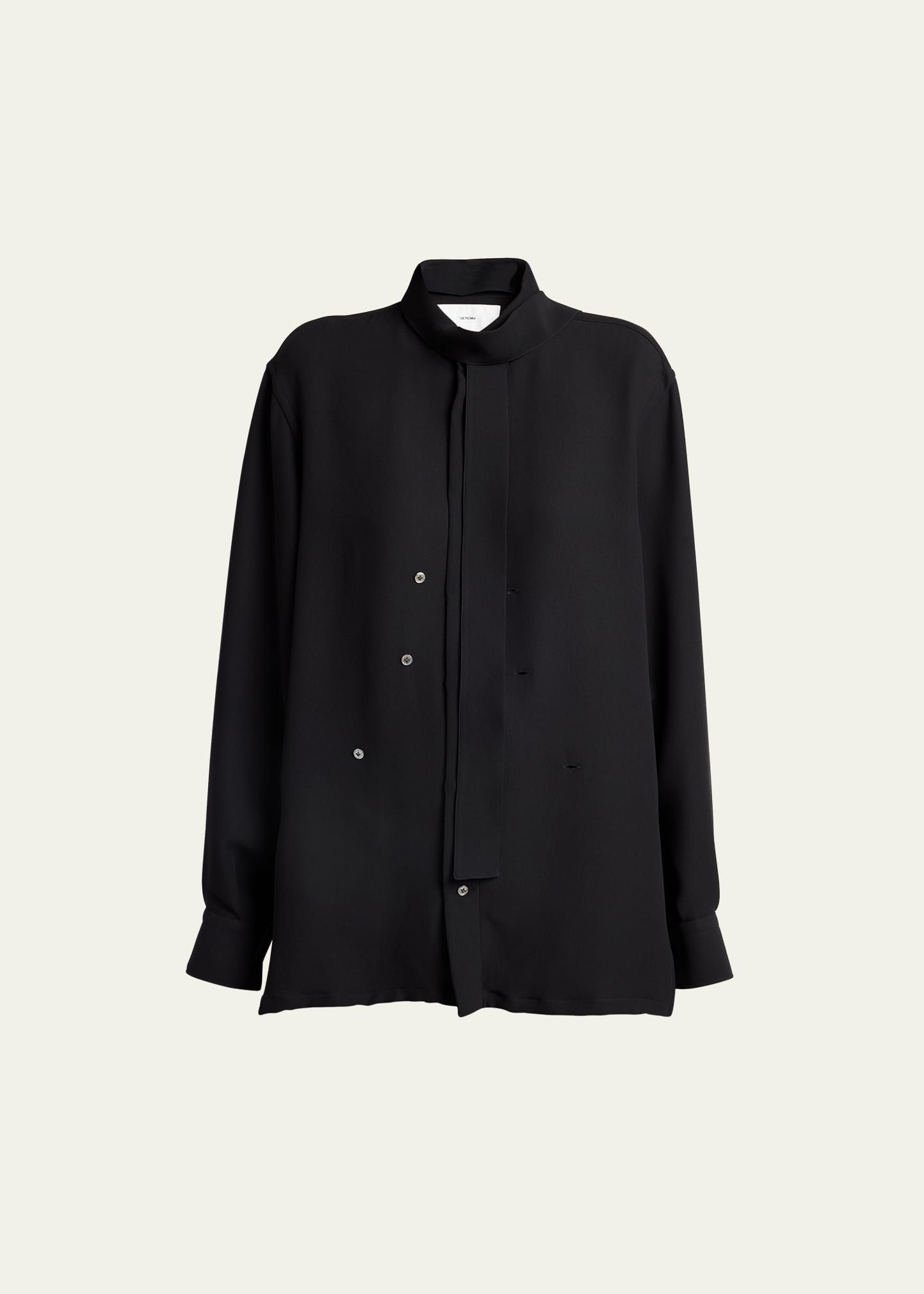 Setchu Kimono Scarf-neck Double-breast Silk Shirt In Black