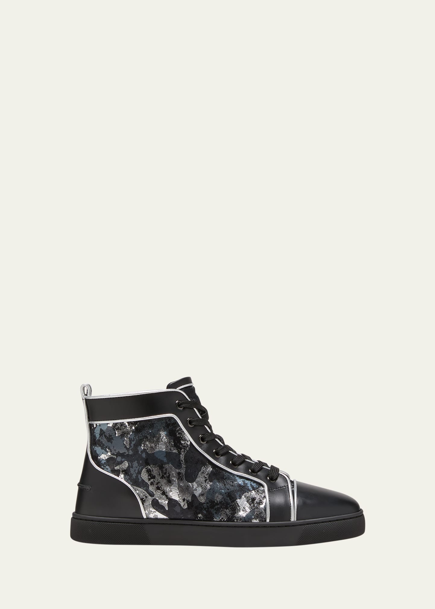 Christian Louboutin Louis Metallic Camouflage-print Leather High-top Sneakers In Black-silver