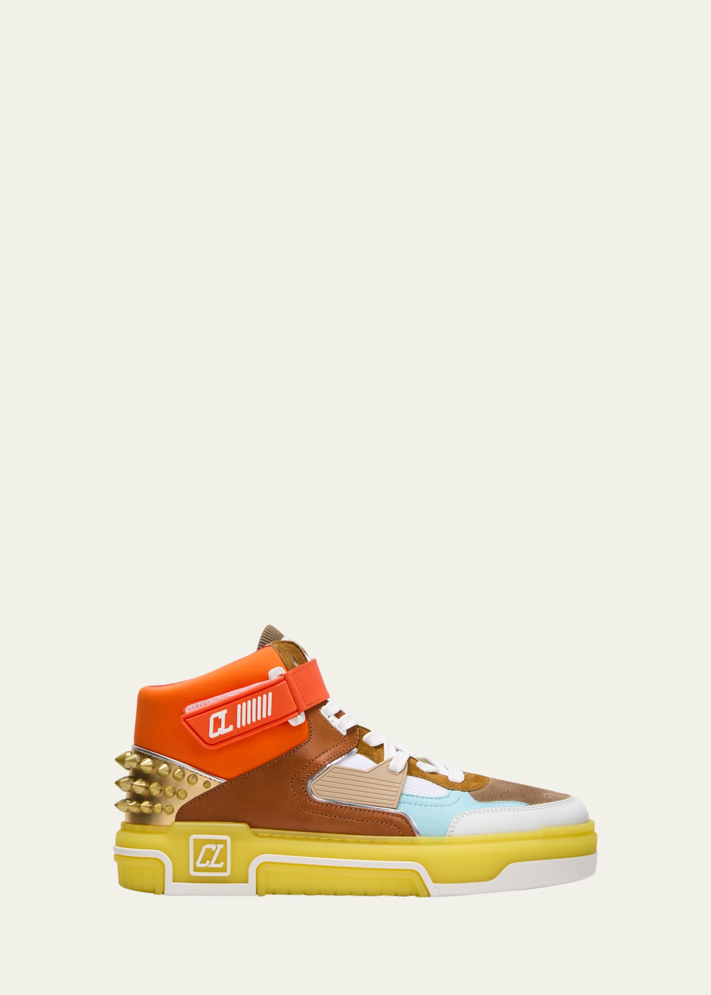 Shop Christian Louboutin Men's Astroloubi Mixed Media Mid-top Sneakers In Brown/yellow Quee