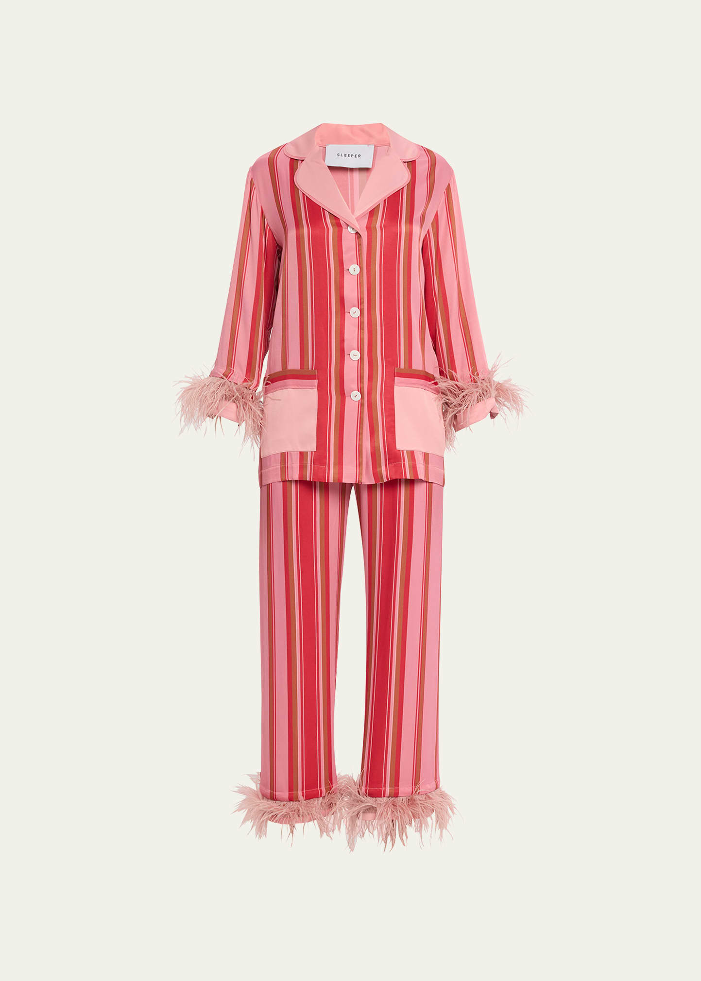 Sleeper Party Striped Feather-trim Pajama Set In Neutral