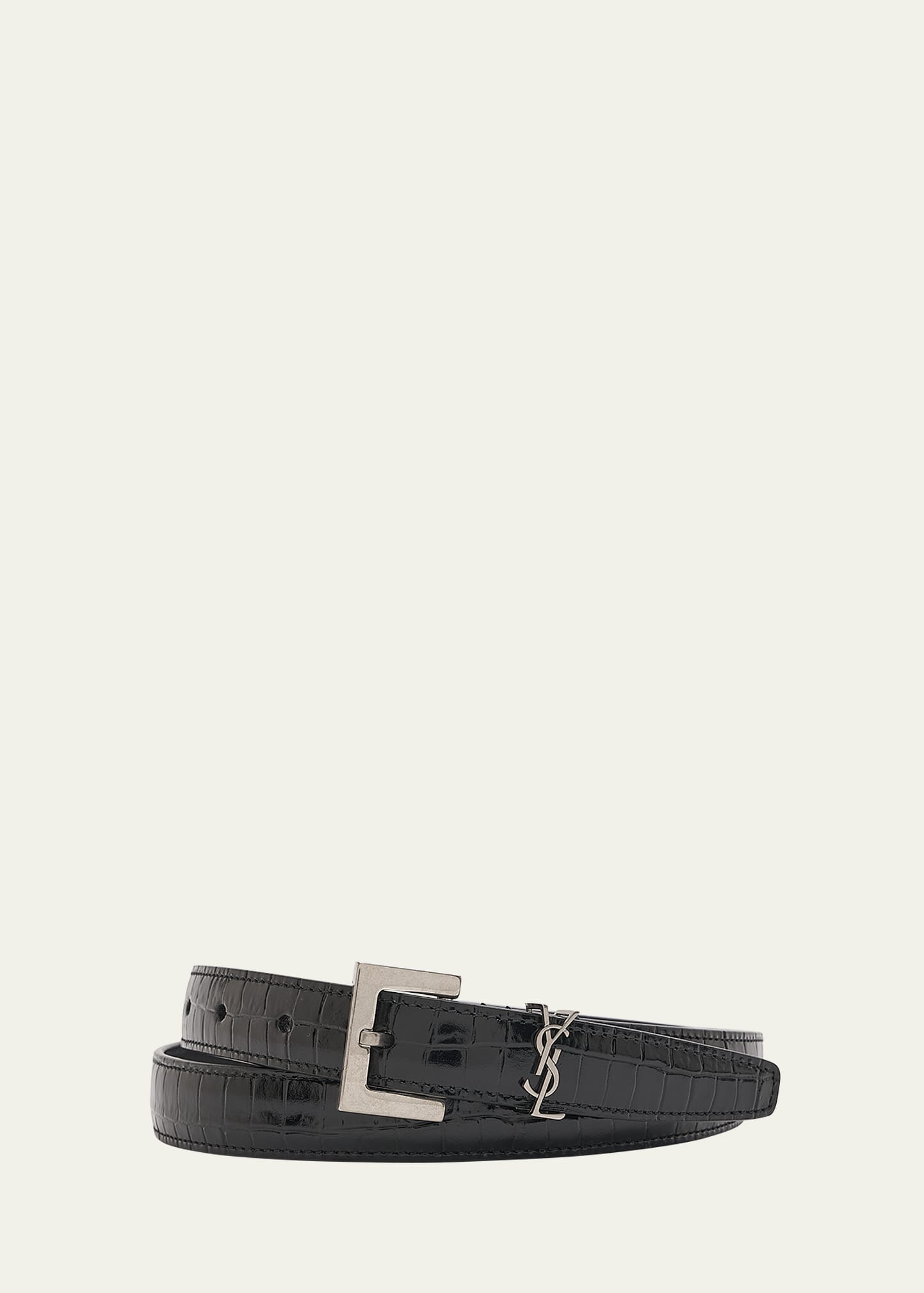 Shop Saint Laurent Men's Skinny Croc-embossed Leather Belt In Nero