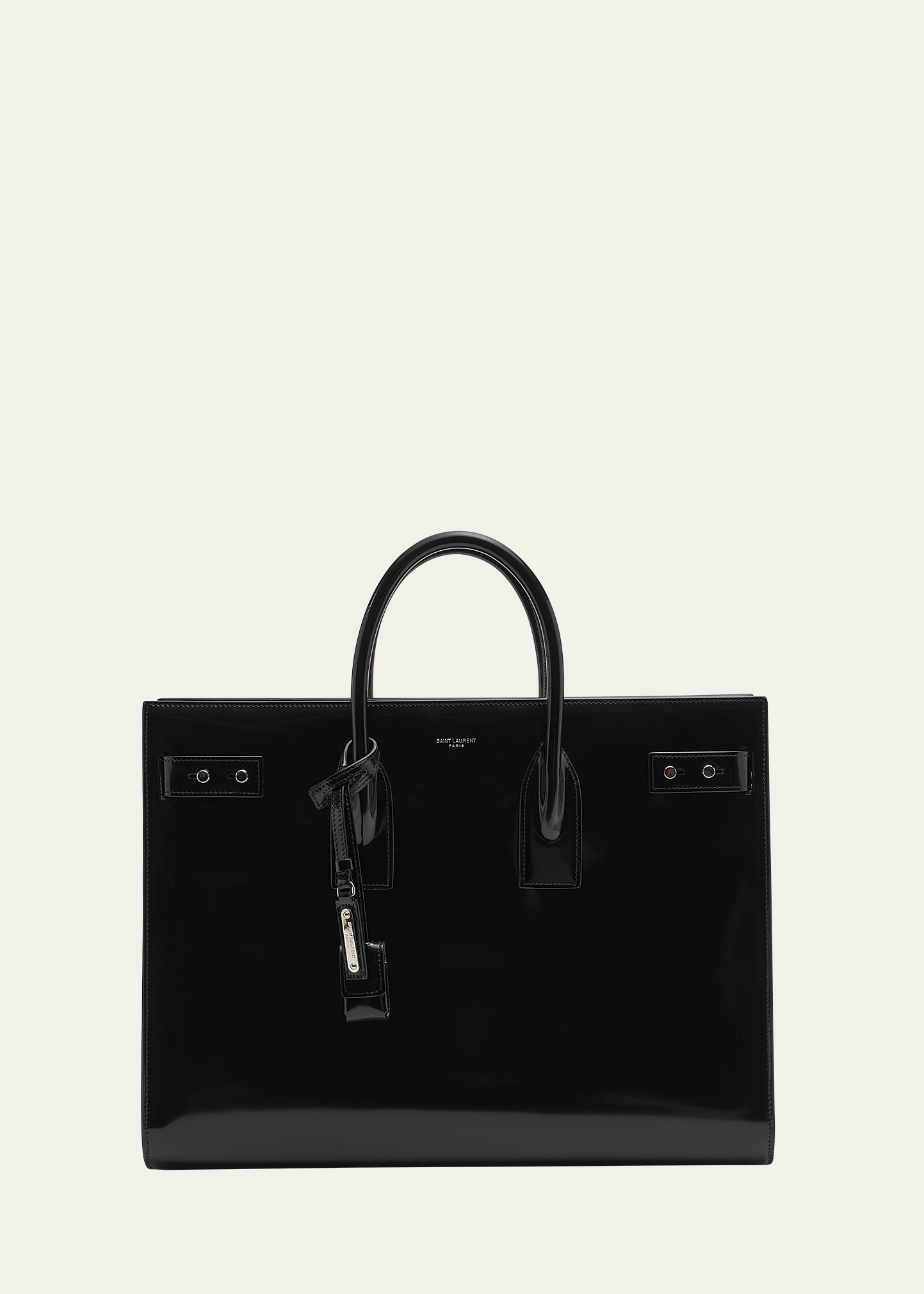 Saint Laurent Men's Sac De Jour Thin Large Tote In Glazed Leather In Black