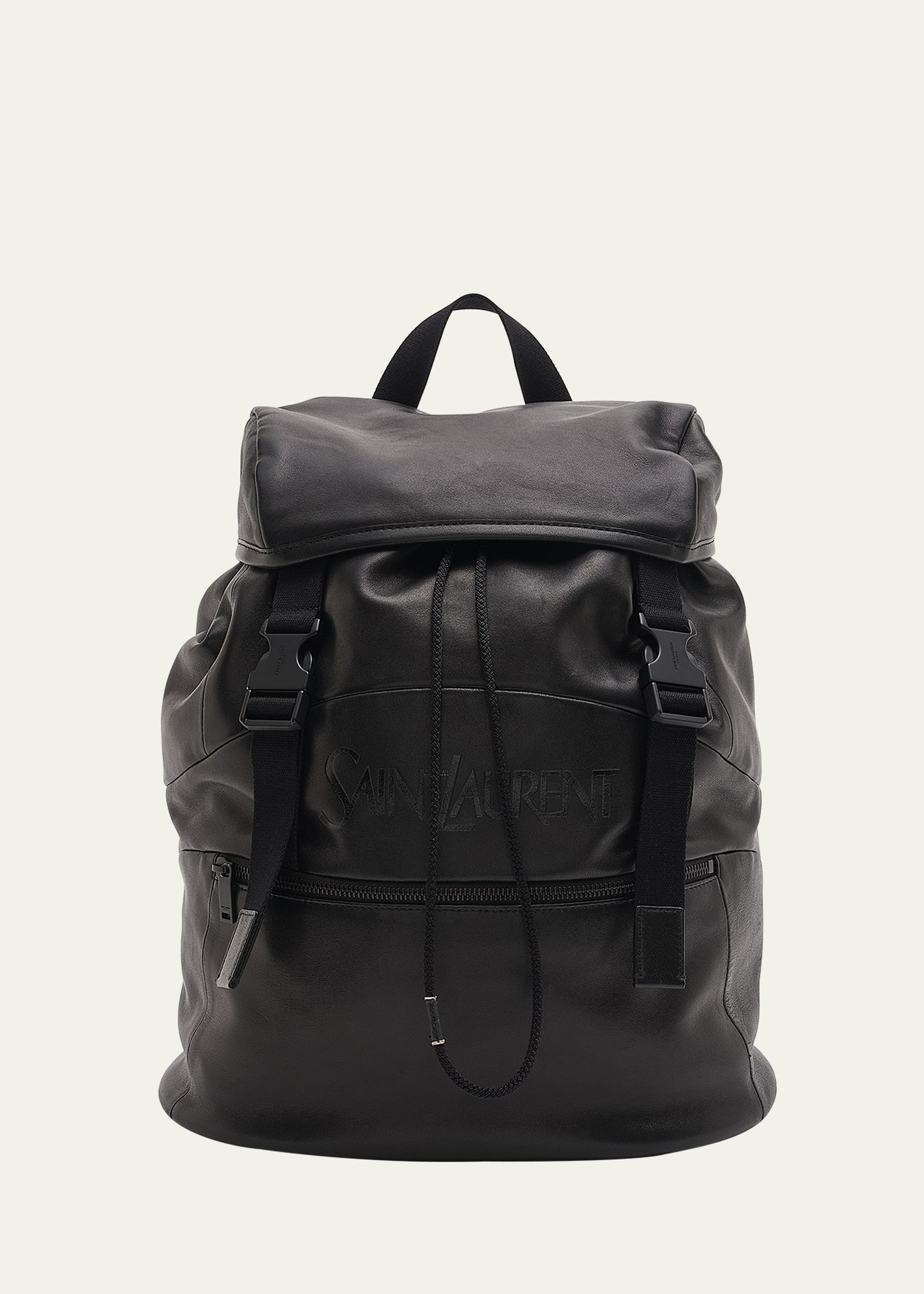 Saint Laurent Men's Embossed Leather Drawstring Backpack In Nero