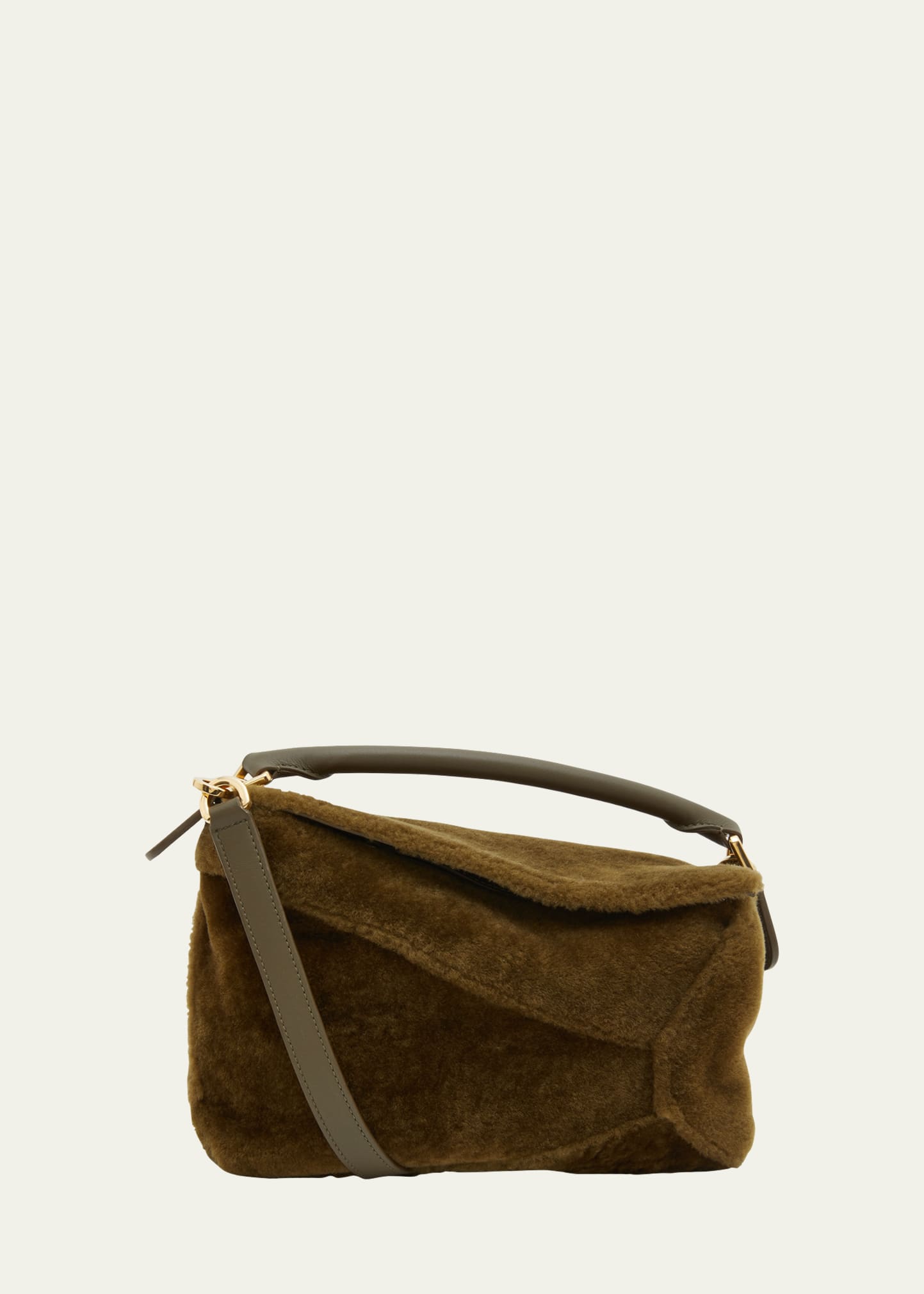 Loewe Small Puzzle Edge Shearling Shoulder Bag In 3969 Dark Khaki G