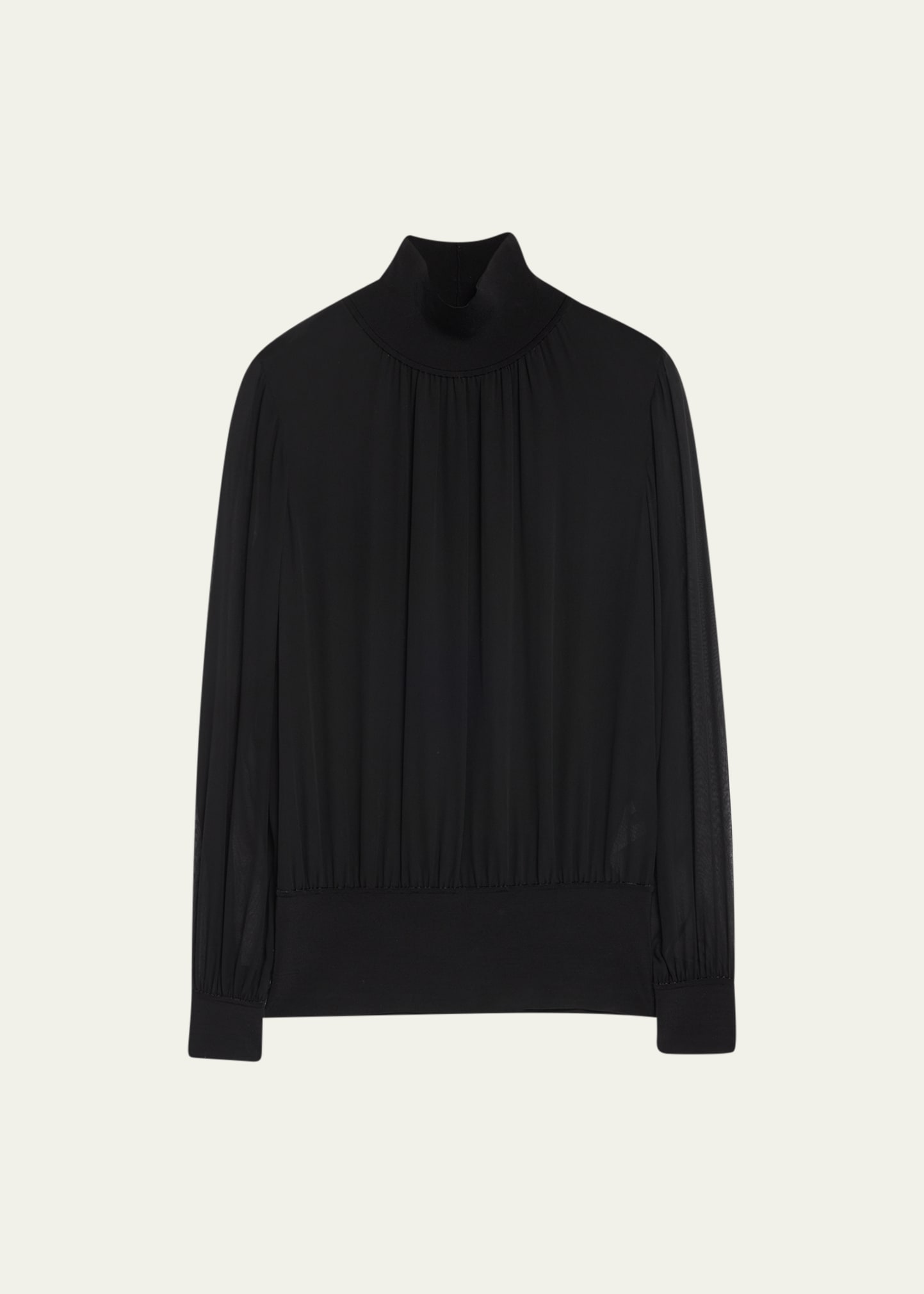 Lafayette 148 Turtleneck Blouson-sleeve Silk Georgette Blouse In Black