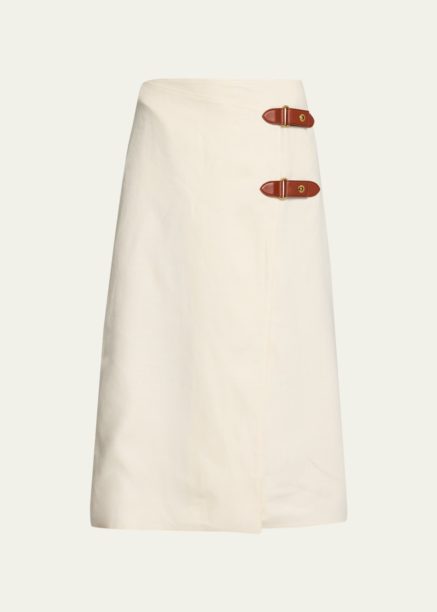 Loro Piana Leather-trimmed Linen-blend Midi Skirt In 1230 Nougat