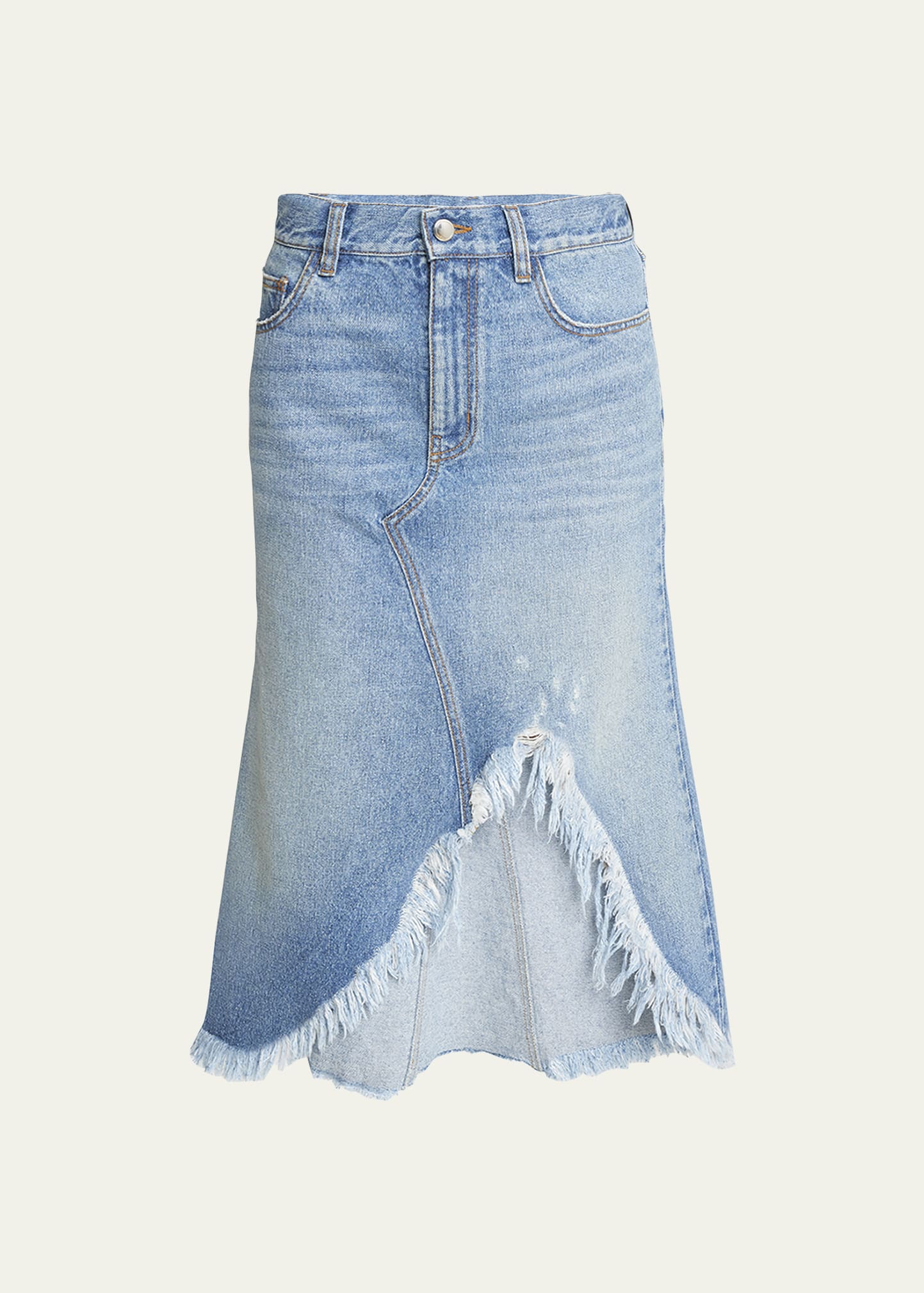 Shop Chloé Frayed Side-slit Recycled Denim Midi Skirt In Foggy Blue