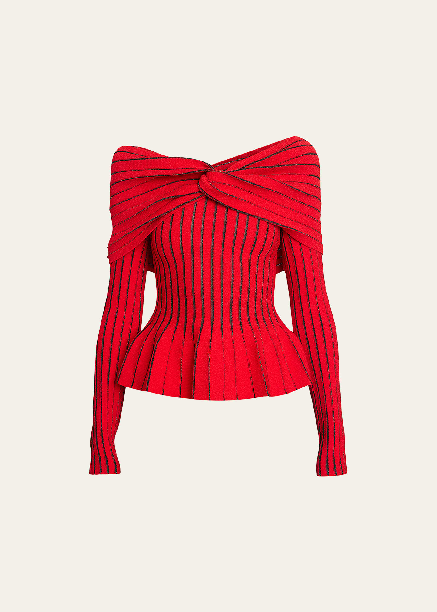 Shop Balmain Off-shoulder Knit Top With Knotted Detail In Red Black