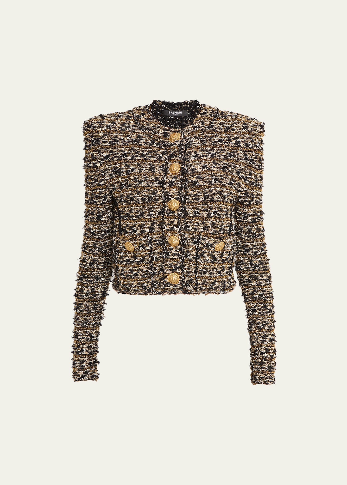 Shop Balmain Metallic Tweed Boxy Short Jacket In Black Gold