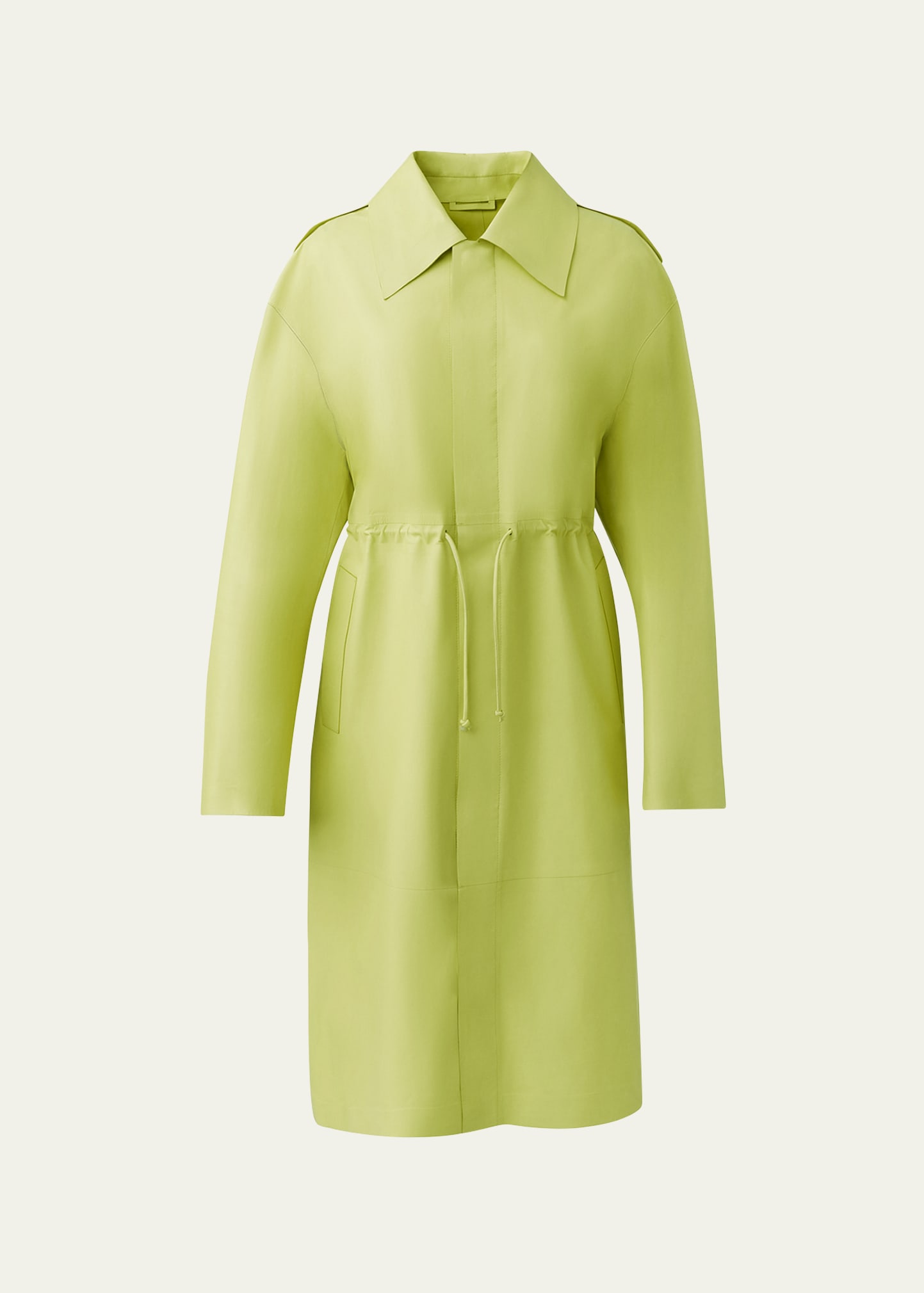 Mackage Glory Leather Trench Coat With Drawcord Waist In Pale Lime