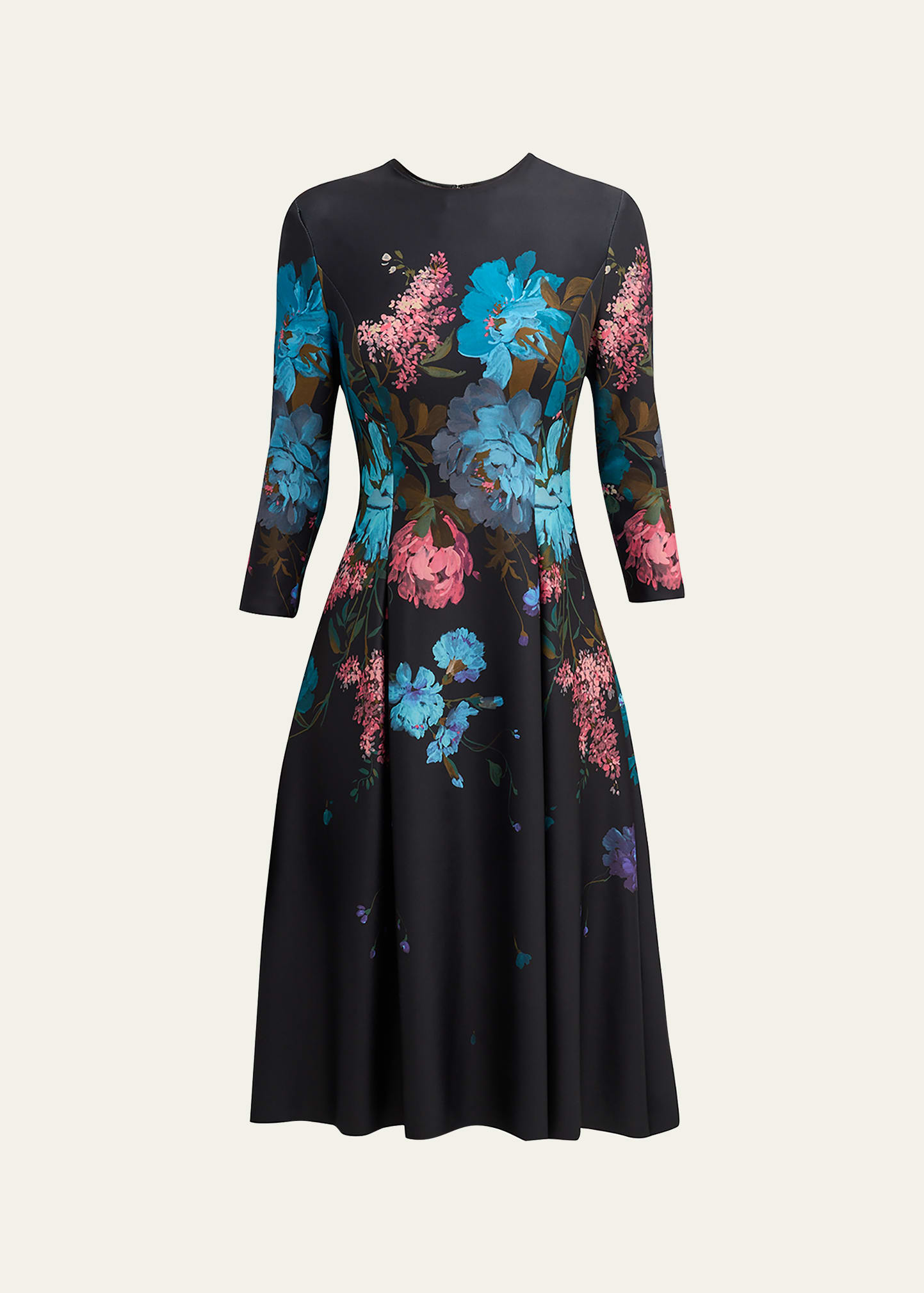 Pleated Floral-Print Scuba Midi Dress