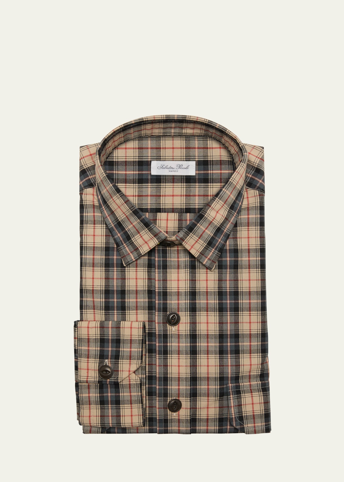 Salvatore Piccolo Men's Plaid Flannel Casual Button-down Shirt In Tan Charcoal Red