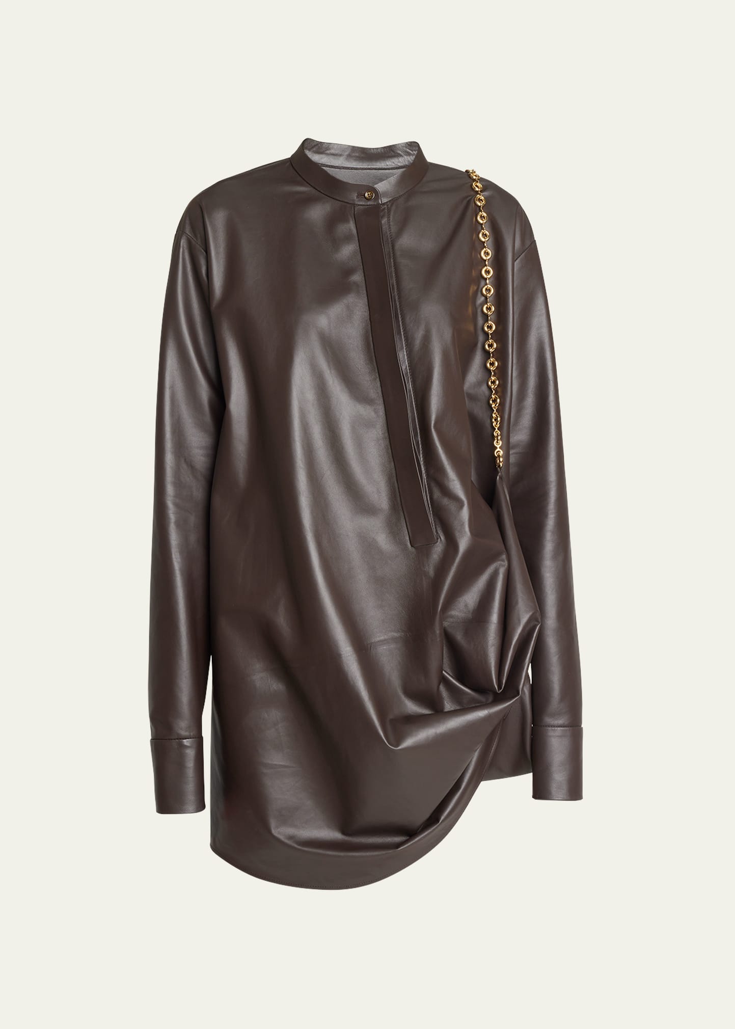 Loewe Chain Draped Leather Shirtdress In Dark Brown
