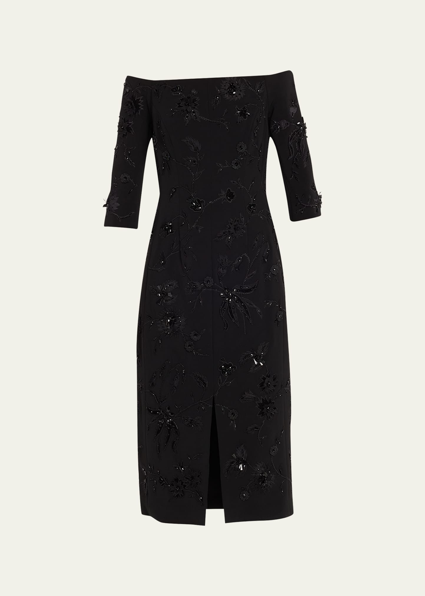 Shop Carolina Herrera Off-shoulder Column Dress With Floral Applique Detail In Black