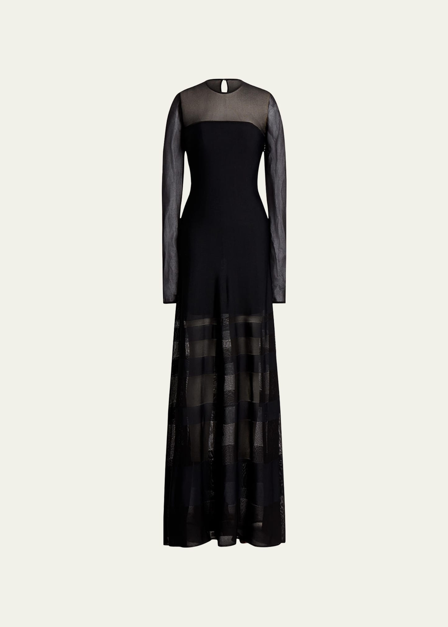 Long-Sleeve Sheer Striped Illusion Gown