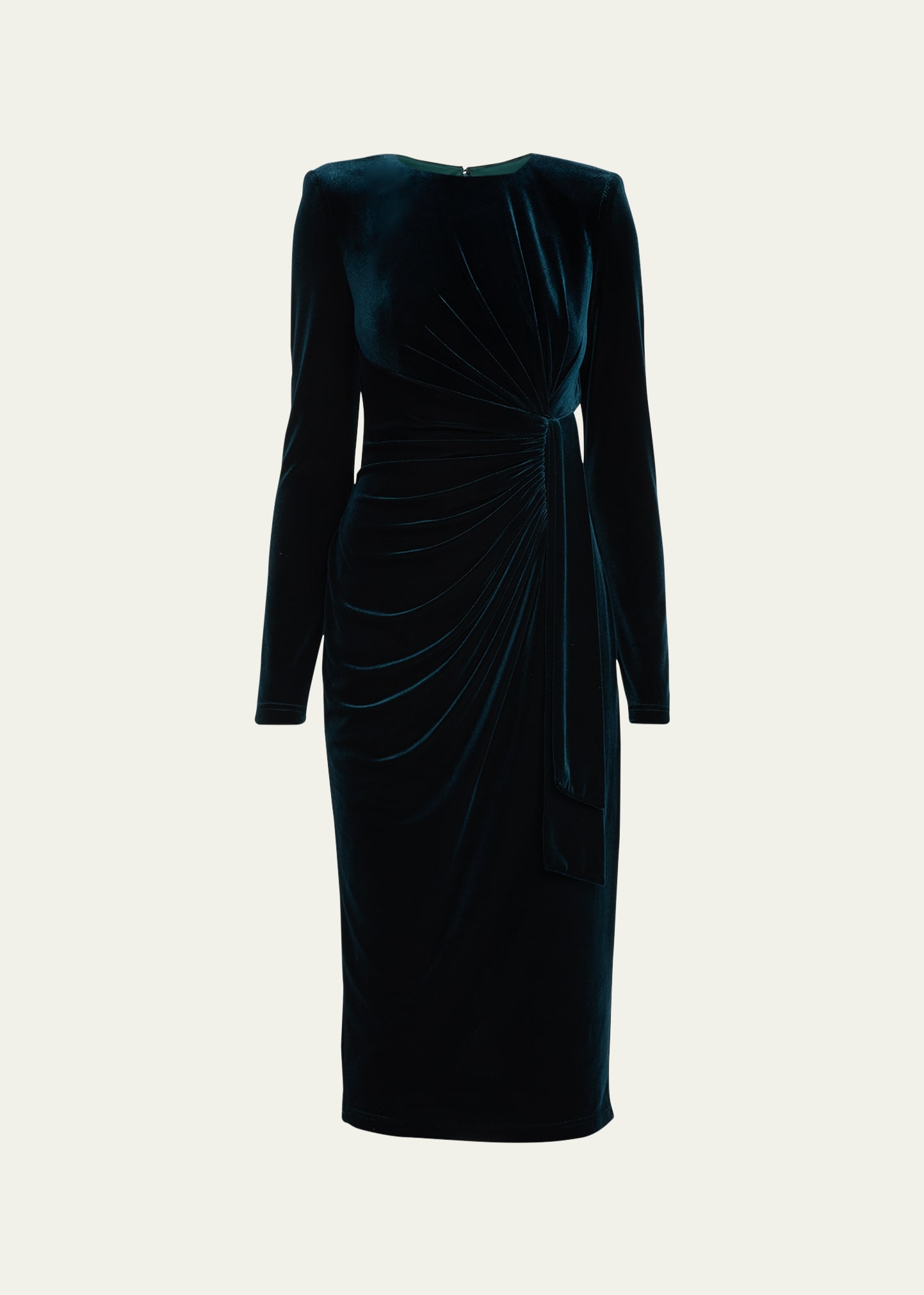 Pleated Draped Velvet Midi Sheath Dress