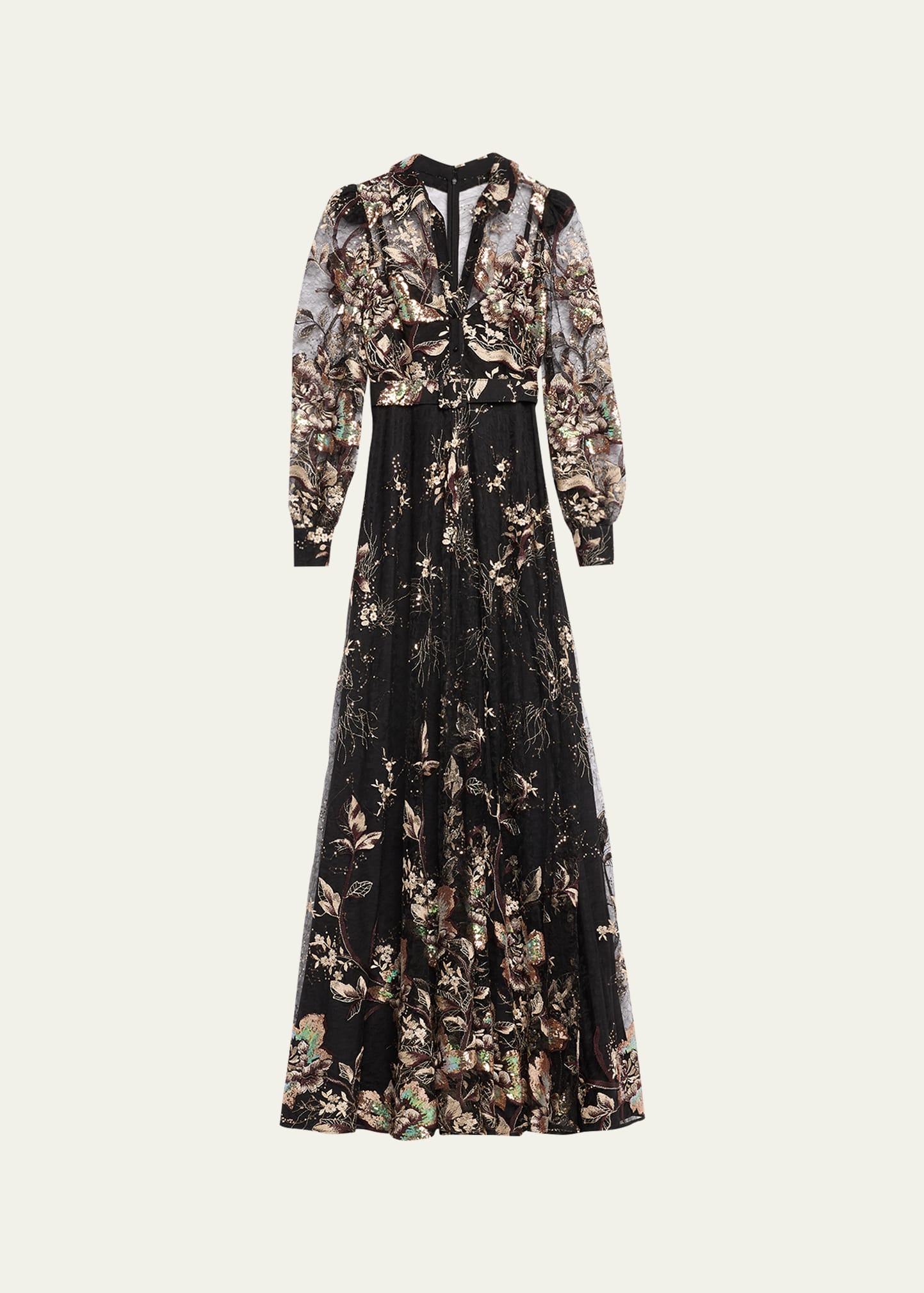 BADGLEY MISCHKA BELTED EMBROIDERED SEQUIN LACE SHIRT GOWN
