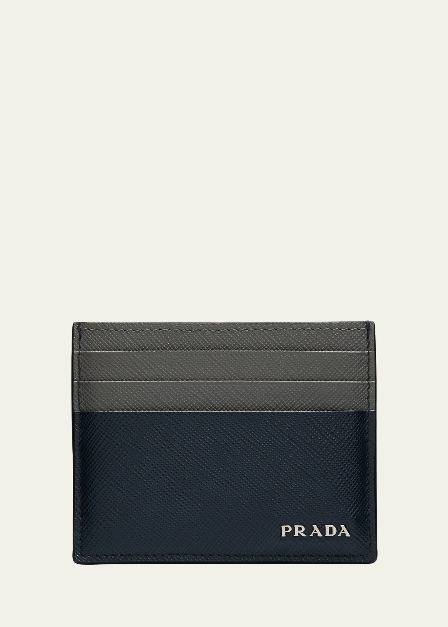 Shop Prada Men's Bicolor Saffiano Leather Card Holder In F0km3 Baltico Mar