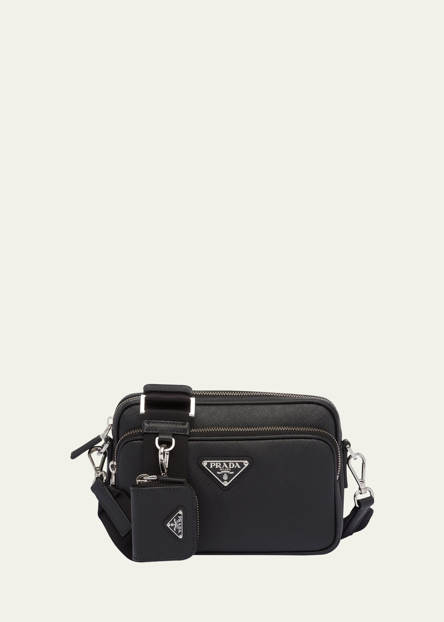 Prada Men's Saffiano Leather Crossbody Bag With Pouch In F0002 Nero