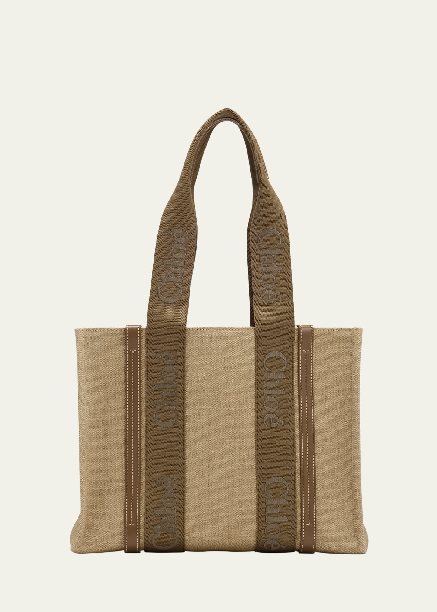 Chloé Woody Medium Tote Bag In Linen In Dark Nut