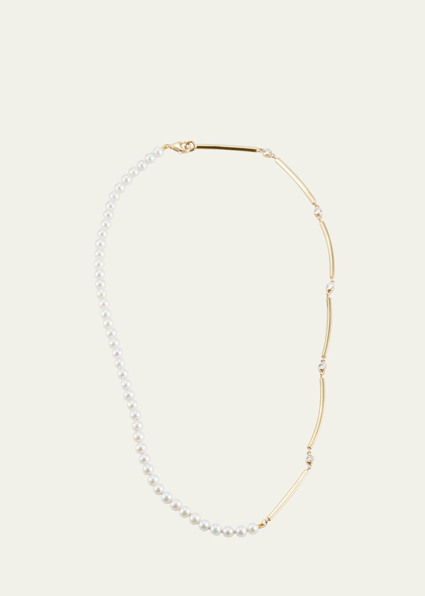 18K Yellow Gold White Freshwater Pearl and Diamond Gold Bar Necklace