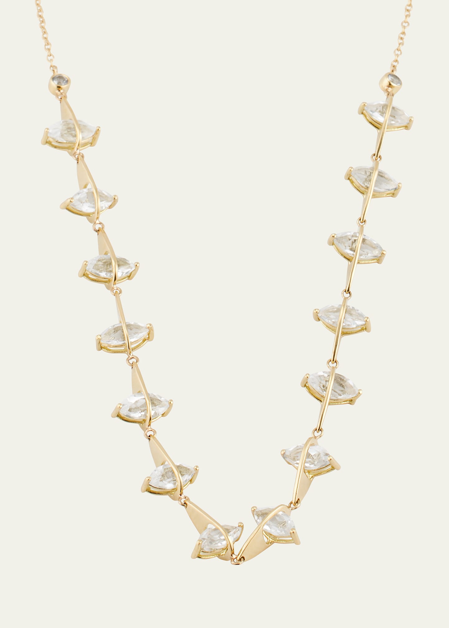 18K Yellow Gold Pierced Pear Marquise White Topaz and Diamond Half Tennis Necklace