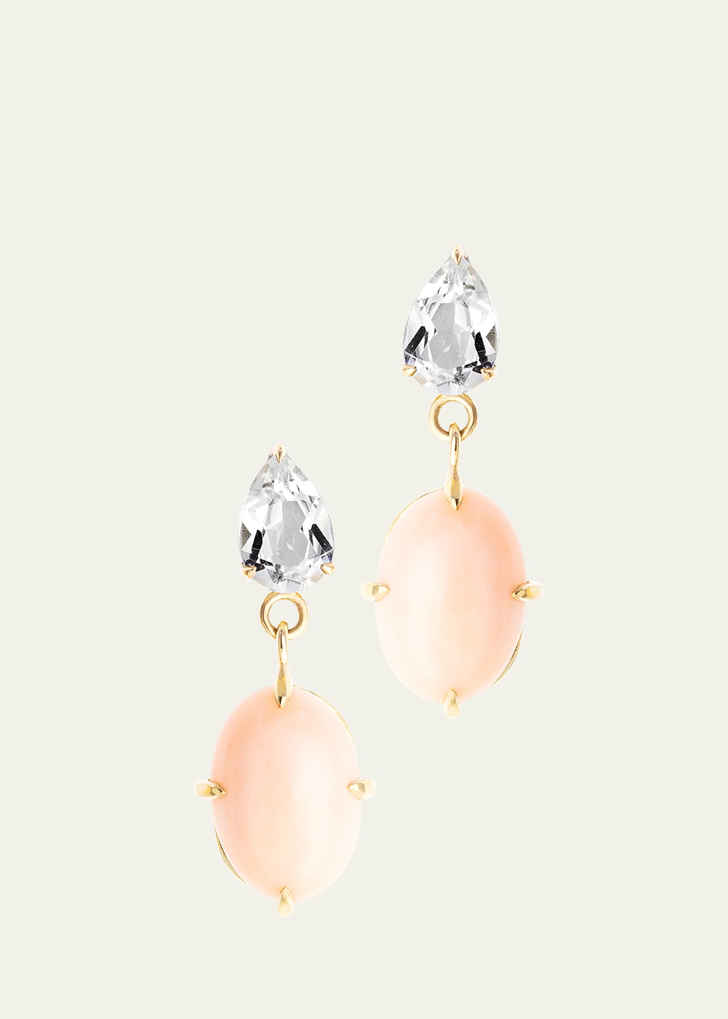 Katey Walker Vintage Pink Angel Skin Coral And White Topaz Drop Earrings In Yg