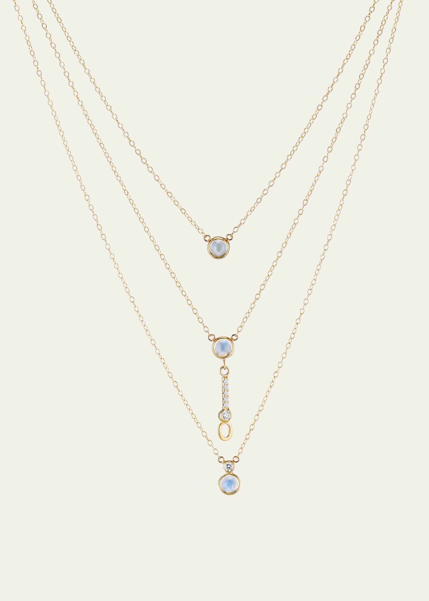 Triple Layer Diamond & Rainbow Moonstone Necklace in 18K Gold