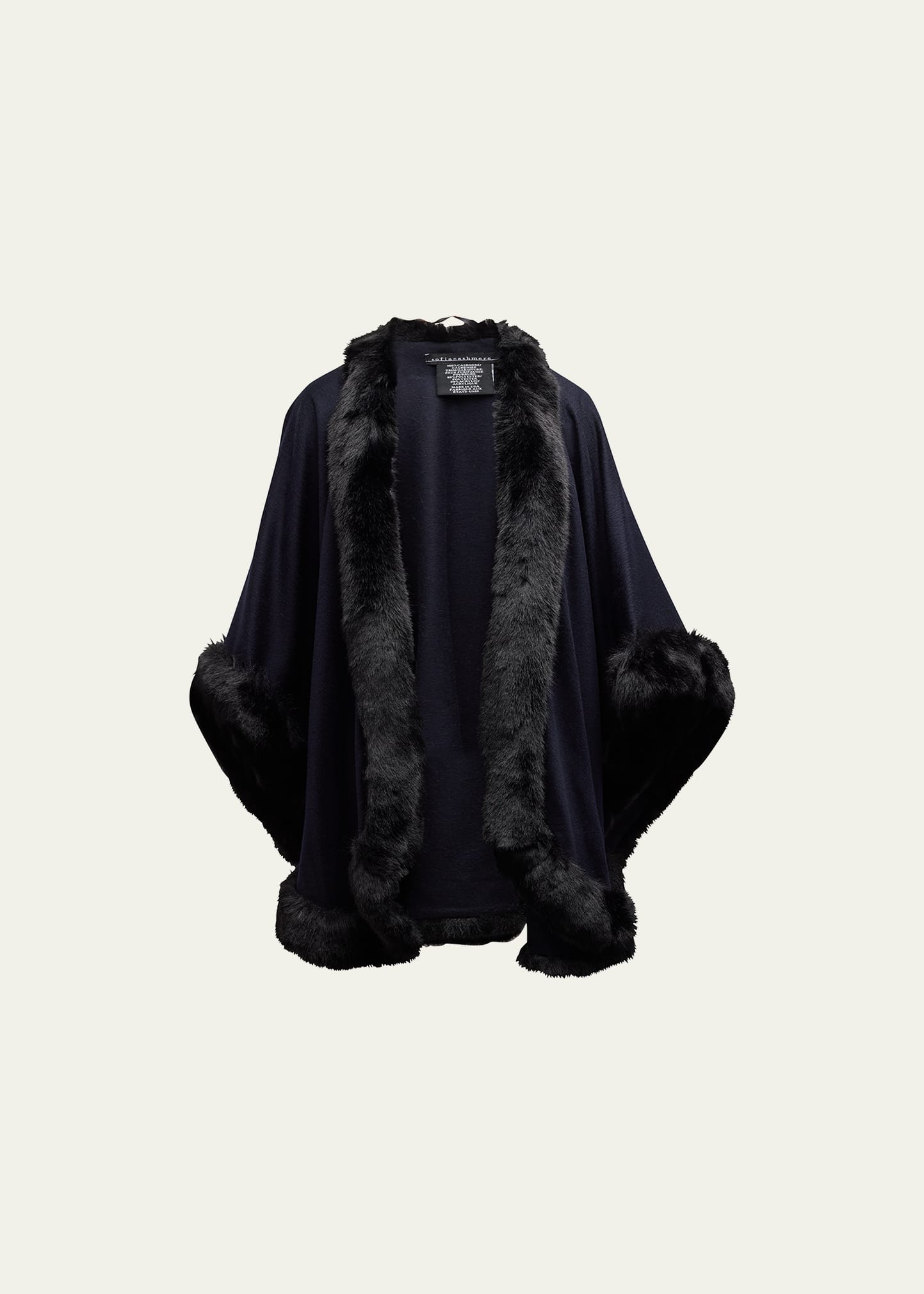Sofia Cashmere Cashmere Cape With Faux Fur Trim In Navy With Black F