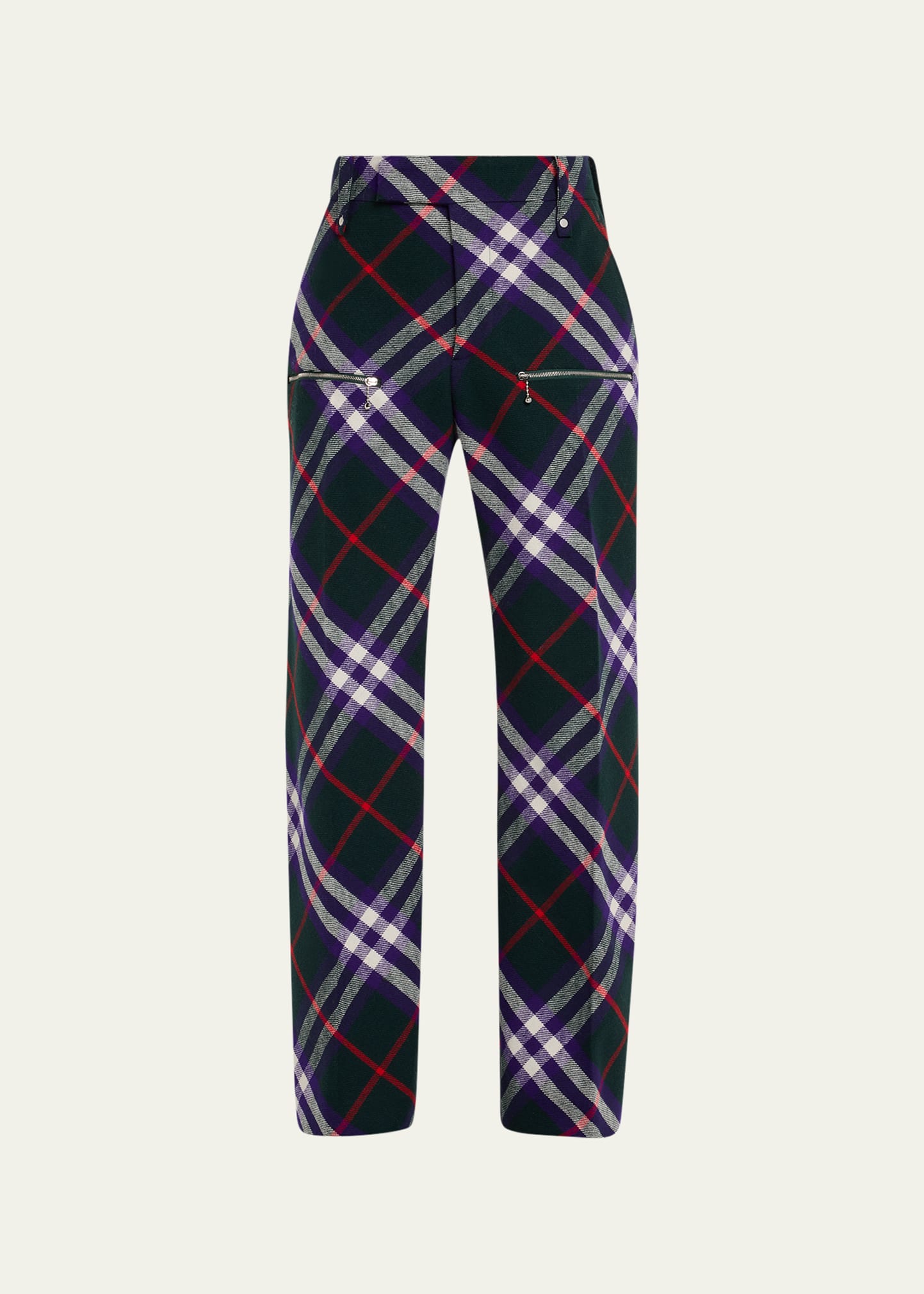 Shop Burberry Men's Multi-check Pants With Zippers In Vine_deep Royal I